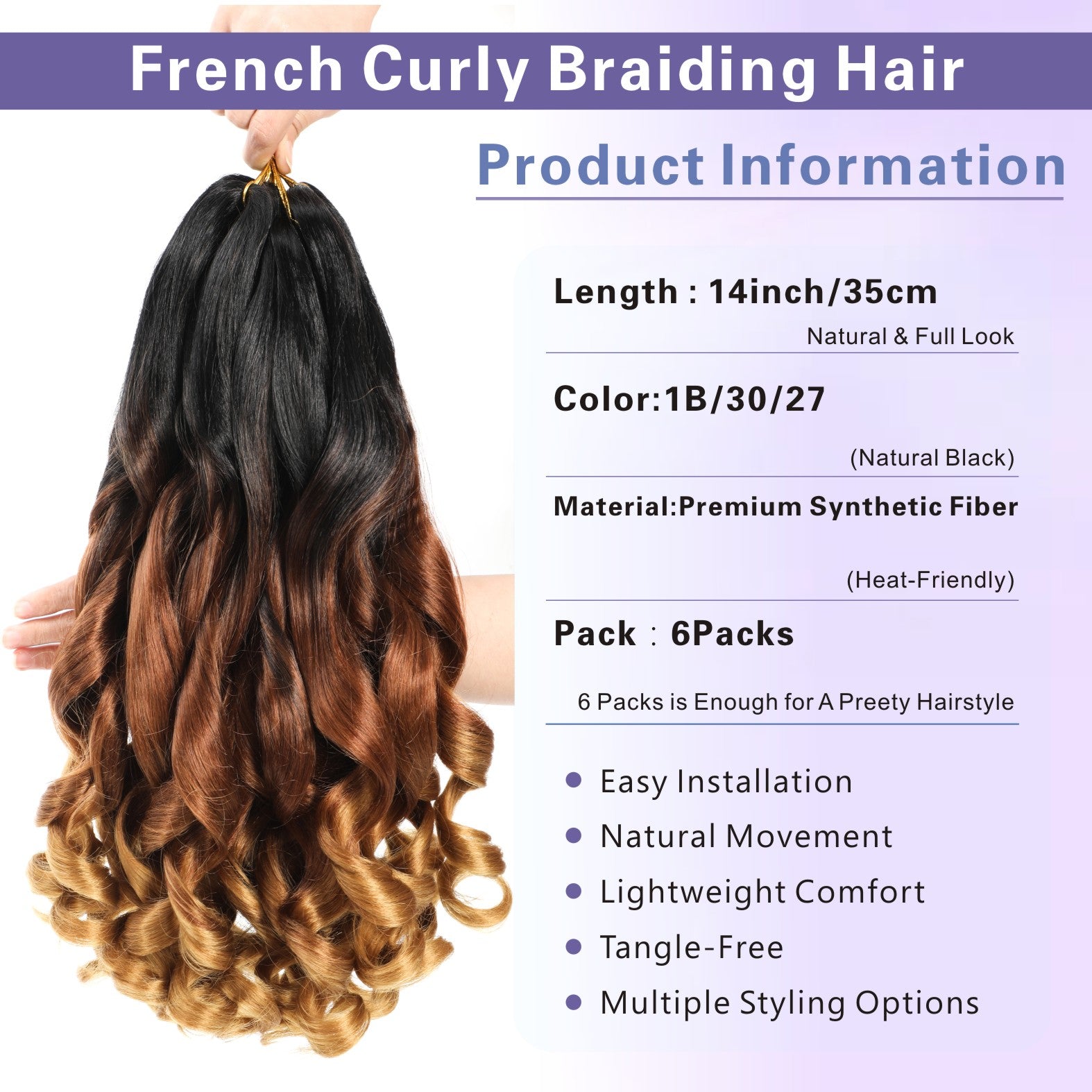 French Curl Ombre Braiding Hair Pre Stretched 14/16 inch 6 Packs Wave Bouncy Braiding Hair French Curl Braids Yaki Curly Hair for Women Hair Extensions