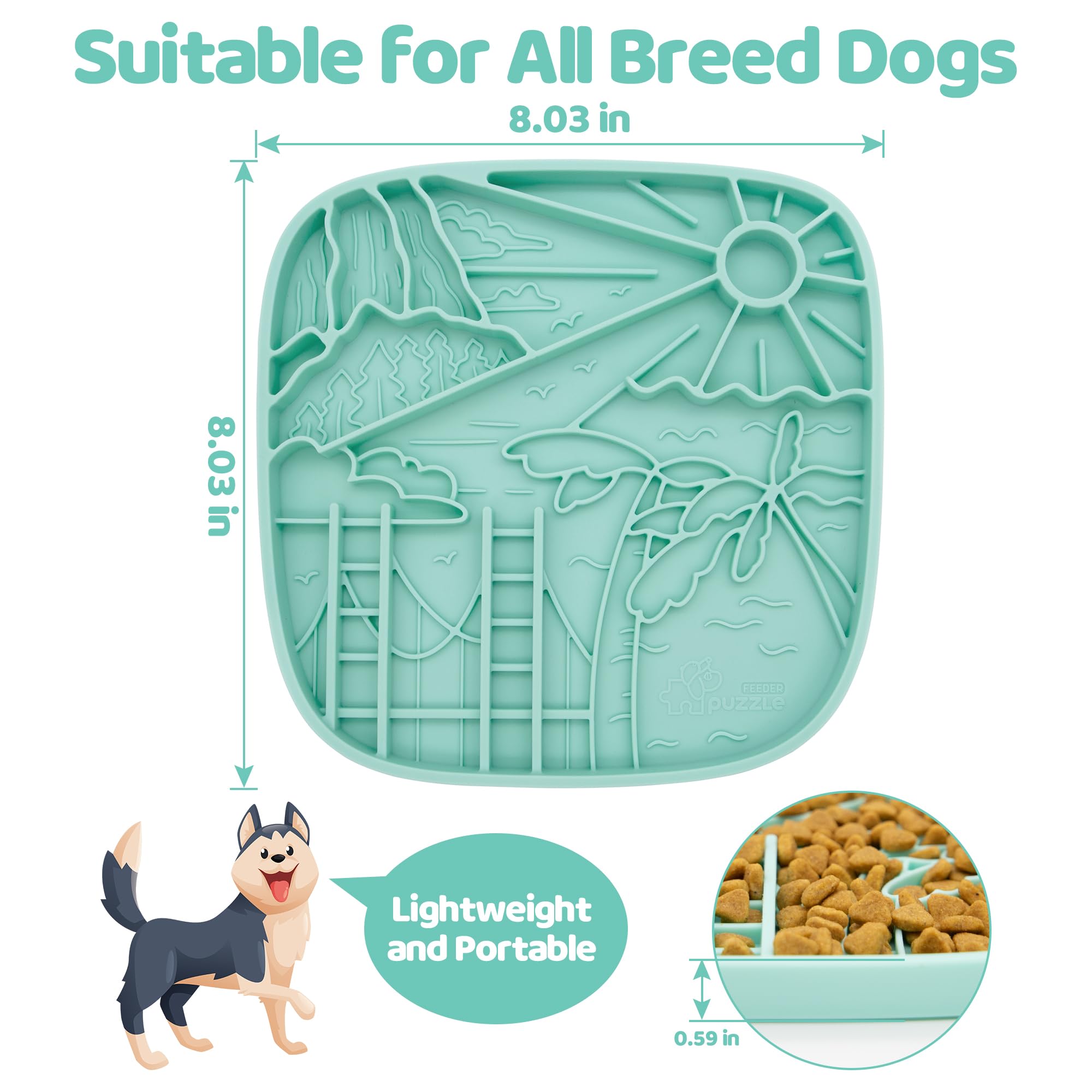 Snuffle Mat and Lick Mat for Dogs, California Textured Slow Feeder, 0.75 Inch Thin Silicone Mat Holds 3 Cups, Dishwasher and Microwave Safe, Green