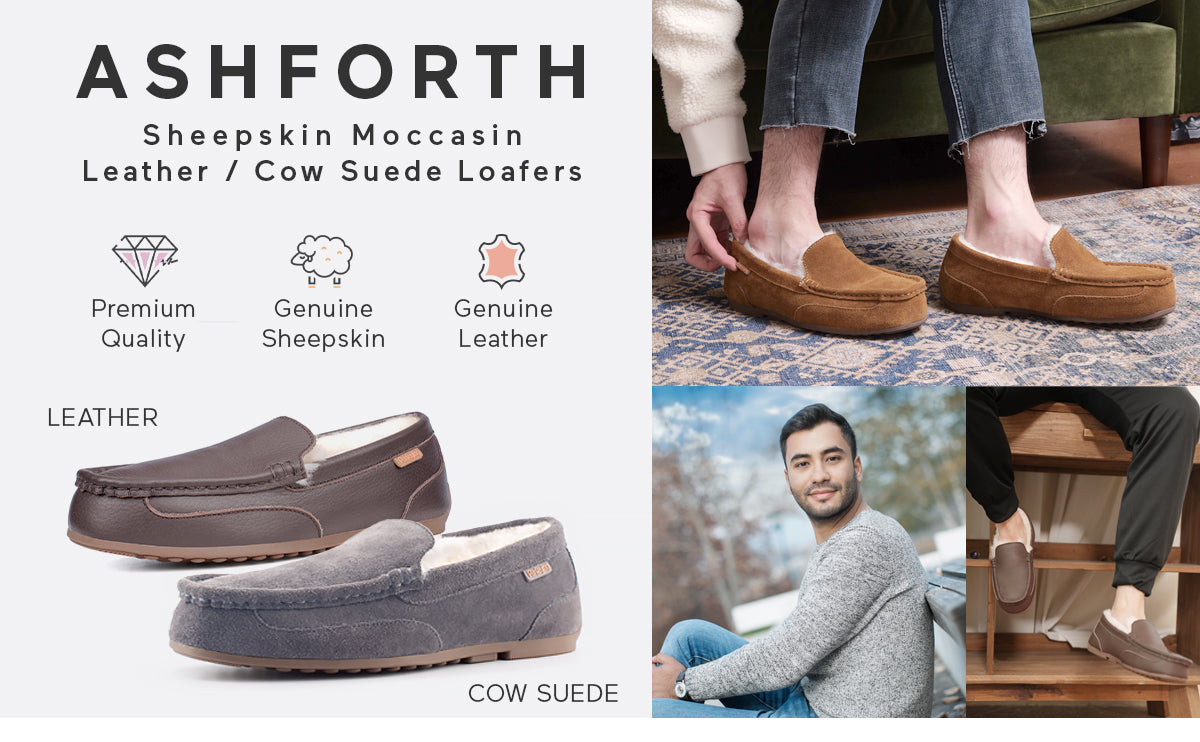 Men's Indoor Outdoor Sheepskin Moccasins Slippers Memory Foam Driving Style Shoes(ASHFORTH)