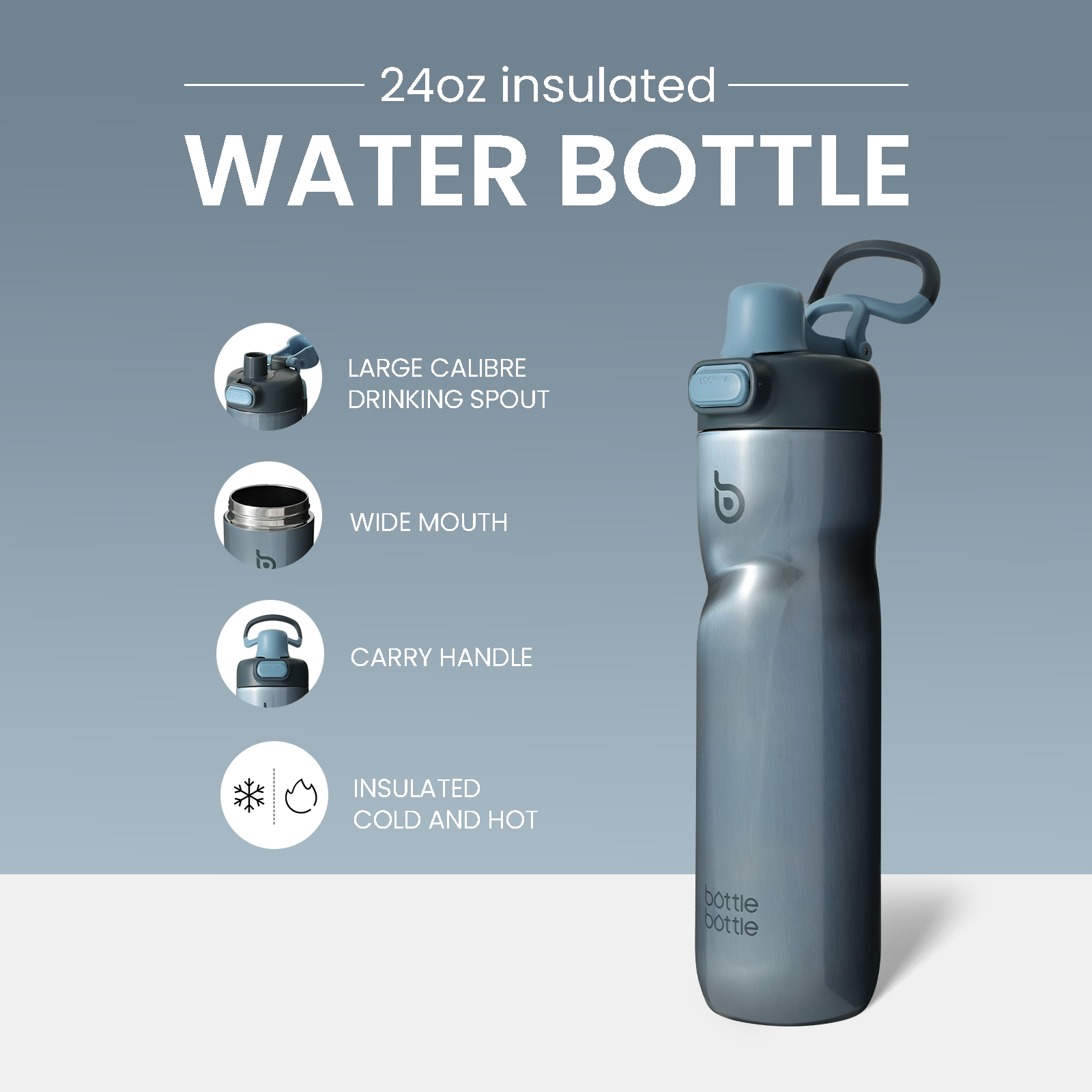 Insulated Water Bottle 24 oz with Handle and Flip Tops Lids Stainless Steel Water Bottle Push Button Lid Leak proof Portable for Running Travel Sports Hiking