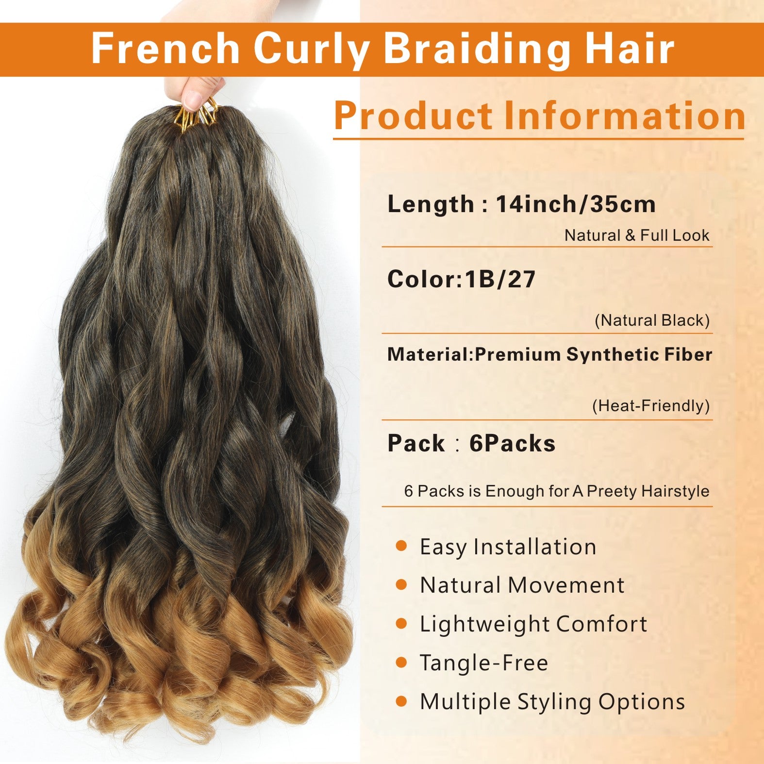 French Curly Braiding Hair 14/16 Inch 6 Packs Pre Stretched Braiding Hair EZ Braids Crochet Hair Ombre Brown Synthetic Bouncy Loose Curly Braiding Hair Extensions for Women