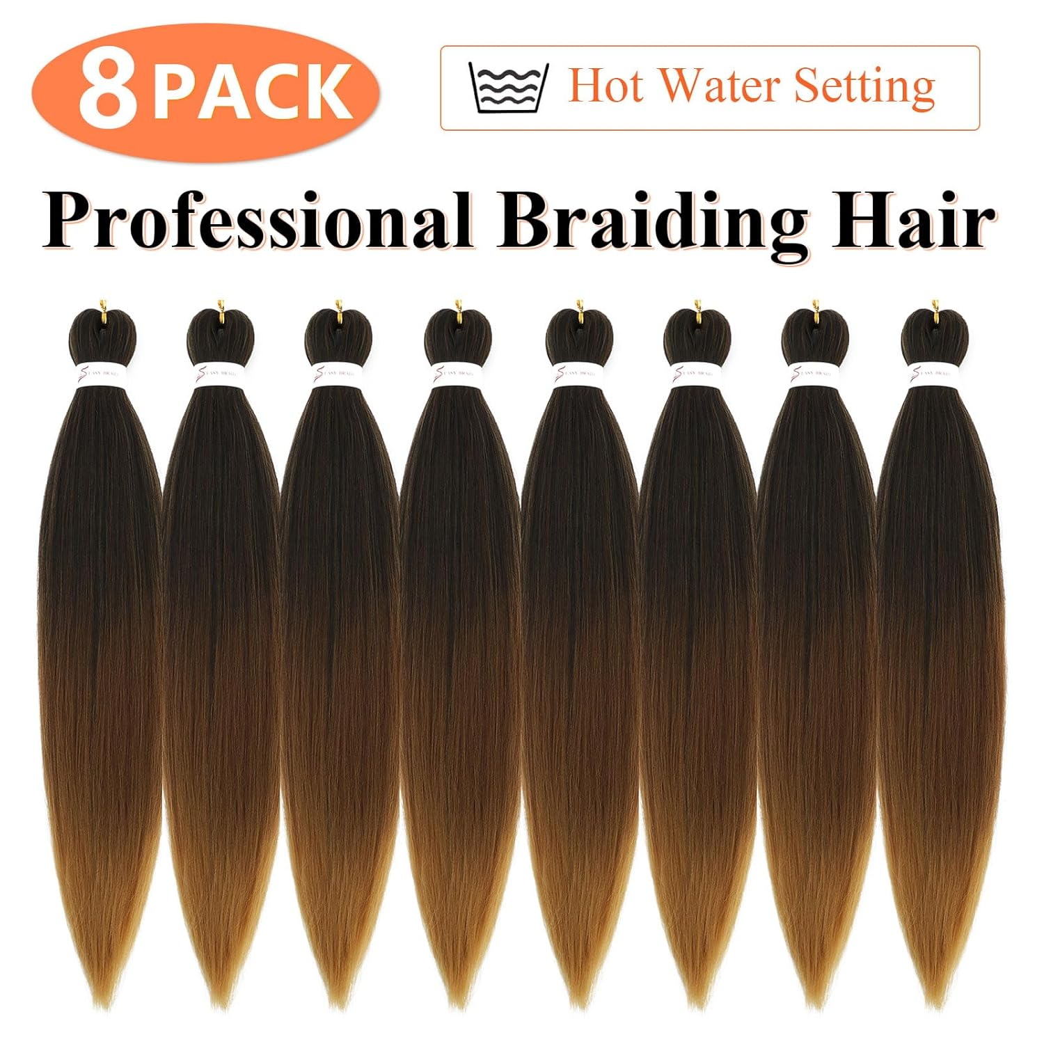 Ombre Braiding Hair 24 Inch 8 Packs Braiding Hair Pre Stretched Long for Twist or Box Braids Colored Synthetic Hair Extensions for Crochet Braids Hot Water Setting Soft Yaki Texture(24Inch,1B/30/27)
