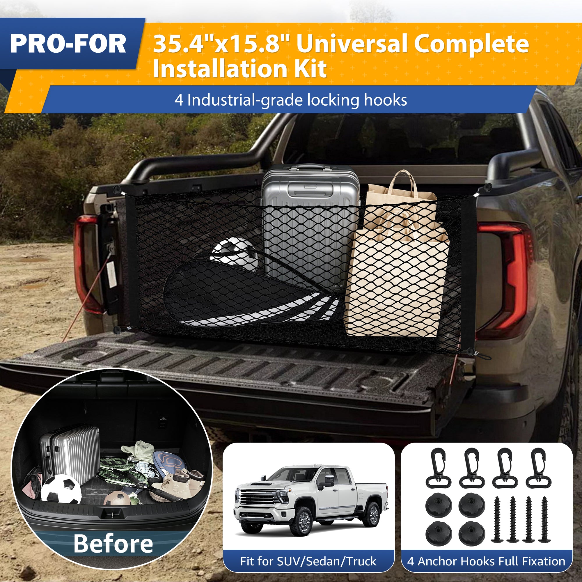 Truck Bed Cargo Net Elastic Mesh SUV Trunk Netting for Car Trunk Organizer and Truck Bed Organizer with Locking Hooks 35.4 by 15.8 Inches