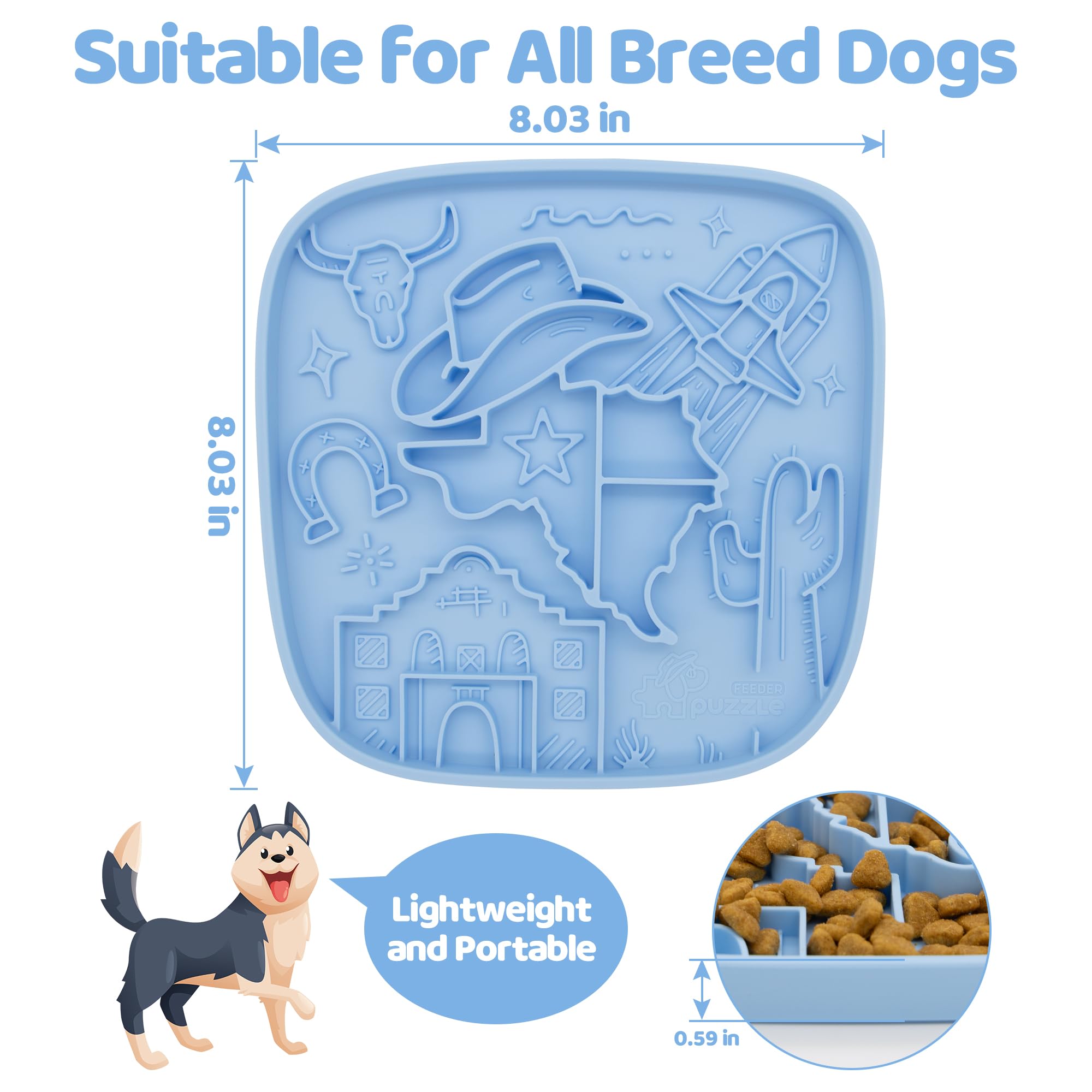 Snuffle Mat and Lick Mat for Dogs,Texas Textured Slow Feeder, 0.75 Inch Thin Silicone Mat Holds 3 Cups, Dishwasher and Microwave Safe, Blue