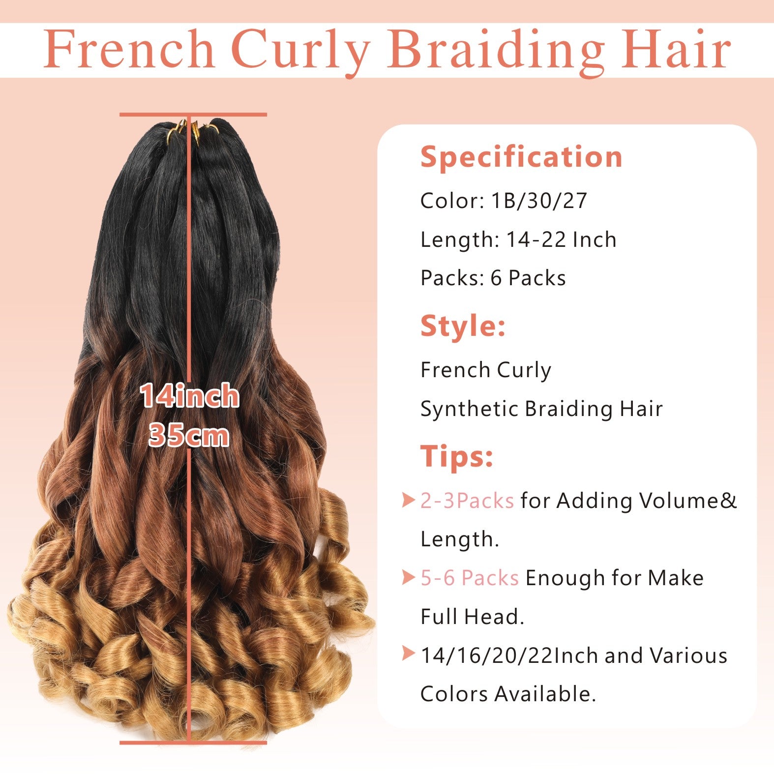 French Curl Braiding Hair 14-22 Inch 6 Packs Braiding Hair Pre Stretched Curly Box Braids French Curl Braids for Women Synthetic Hair Extensions 1b/30/27 colors to choose from