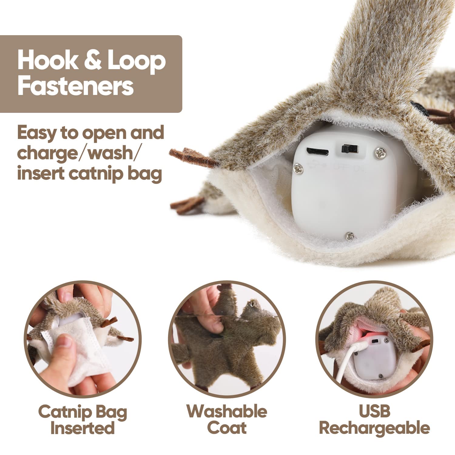 PETFUTURE Flapping Cat Toy, Motion Activated Flying Squirrel with Catnip, 3 Modes & USB Rechargeable, Machine Washable Interactive Toy for Indoor Cats