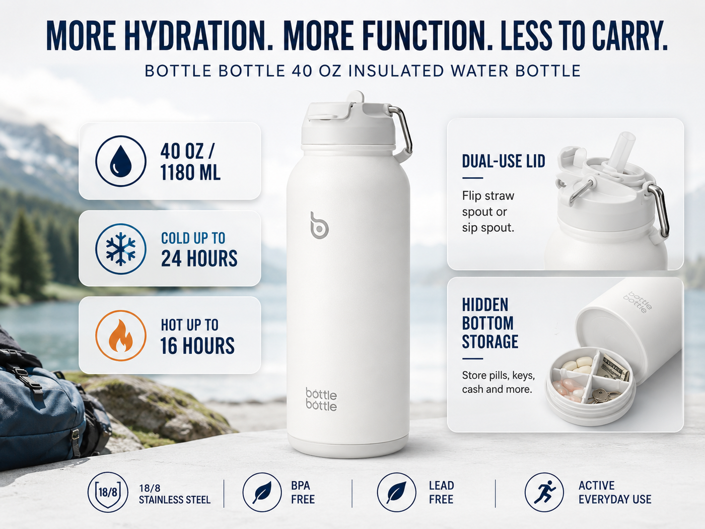 40 oz sports water bottle stainless steel insulated water bottle with straw and pills holder
