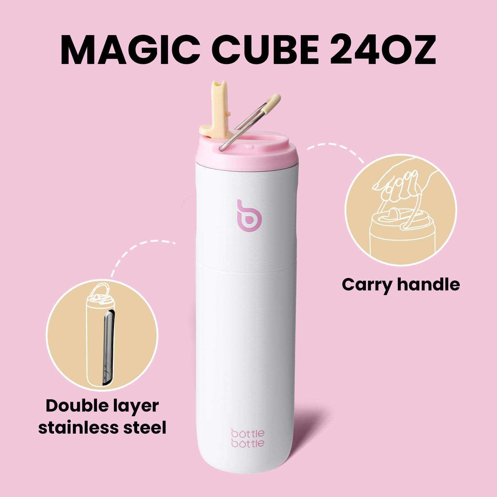 Insulated Water Bottle 24oz with Straw Lid and Handle for Sports Travel Gym Stainless Steel Water Bottles Double-Wall Vacuum Metal Leak Proof BPA-Free