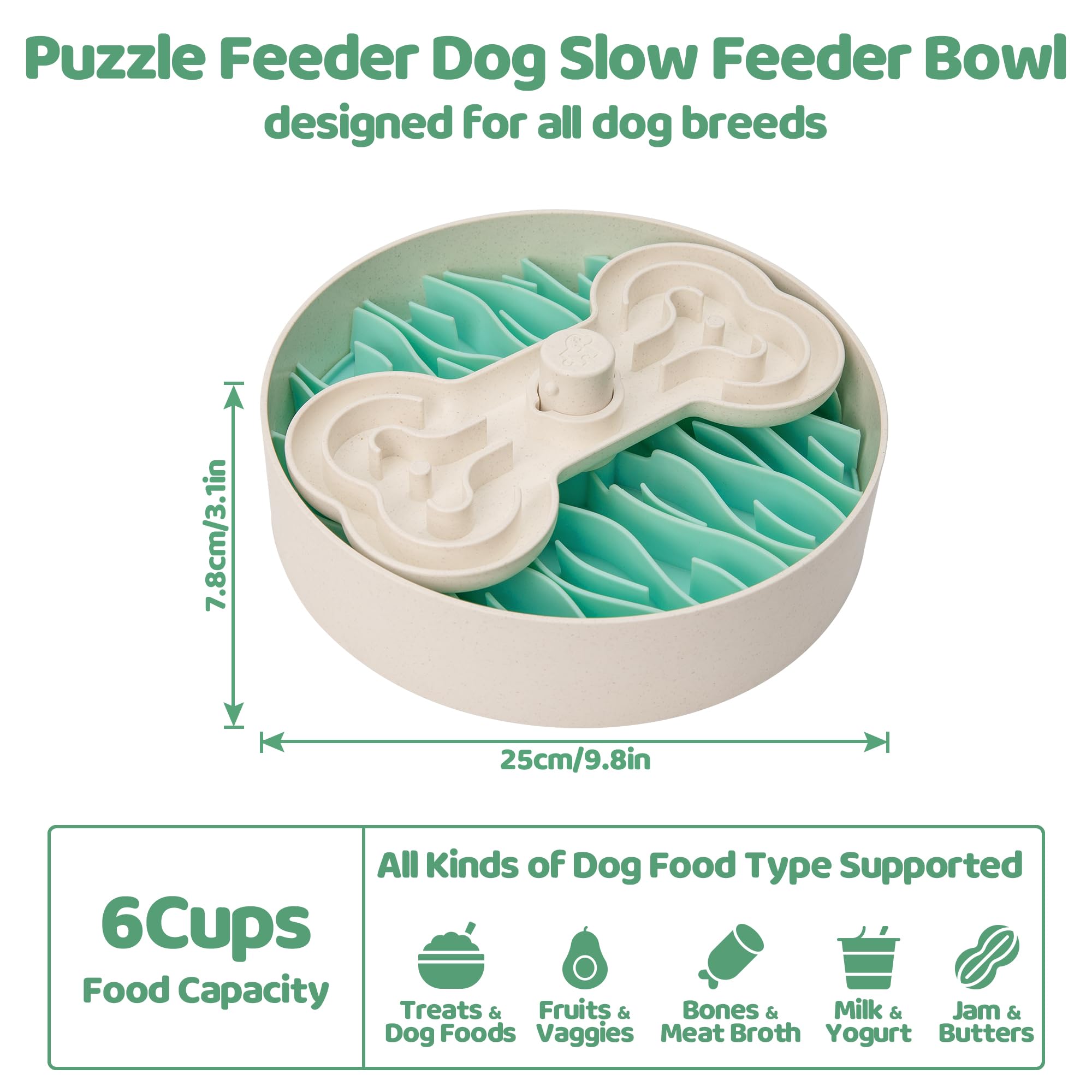 Slow Feeder Dog Bowl for Large Dogs with Non-Slip Base - Adjustable Speed Design, Removable Puzzle Inserts & Dishwasher Safe, Green
