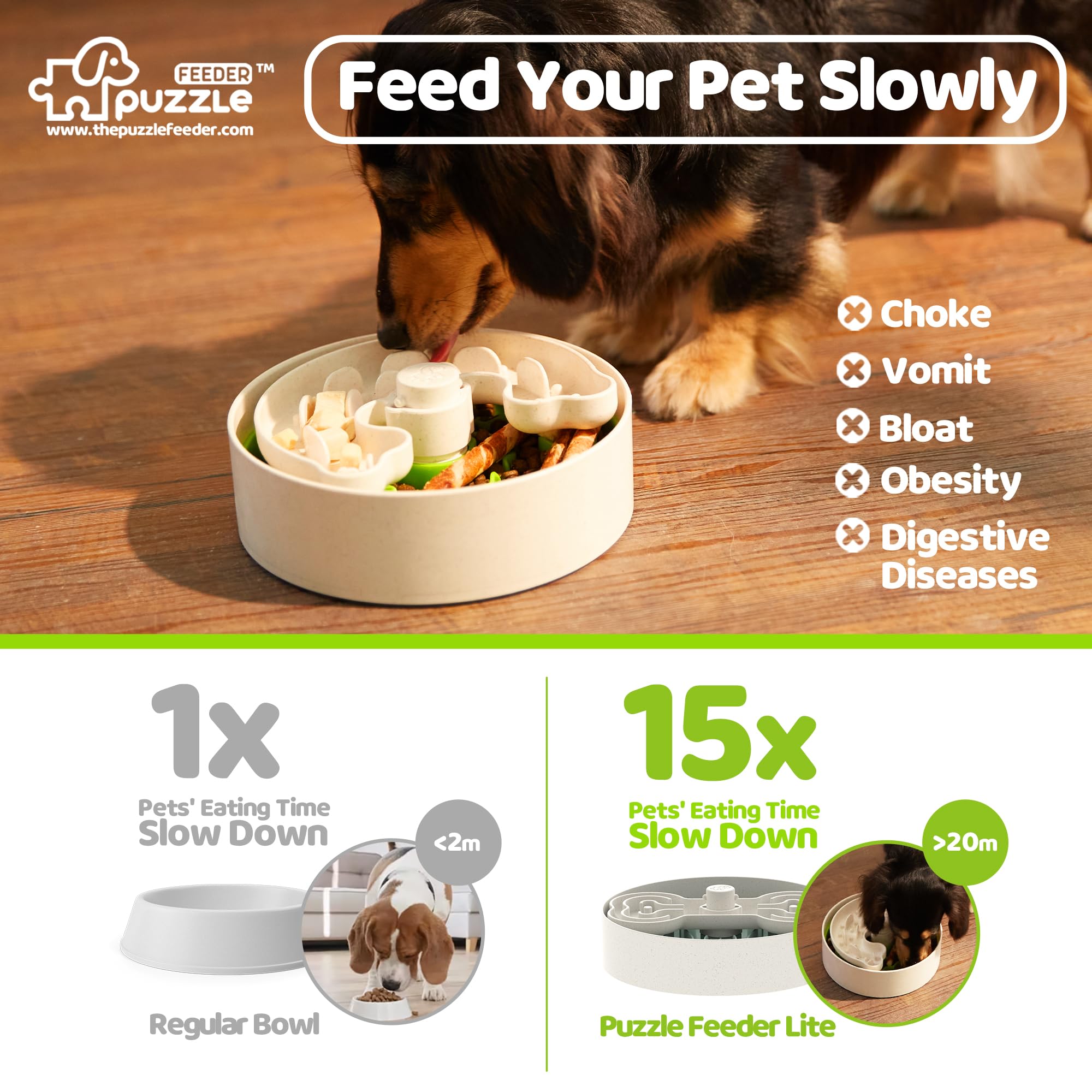 Slow Feeder Dog Bowl for Puppies with Non-Slip Base - Adjustable Speed Design, Removable Puzzle Inserts & Dishwasher Safe, Green