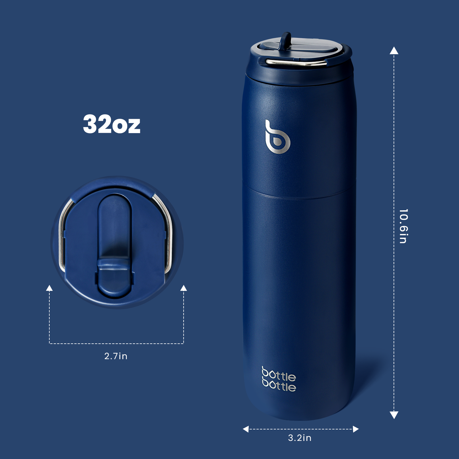 Stainless Steel Water Bottle with Straw and Lid 32 oz Vacuum Insulated Cup Stay Cold and Hot, Leak-Proof Wide Mouth Water Bottles for Men