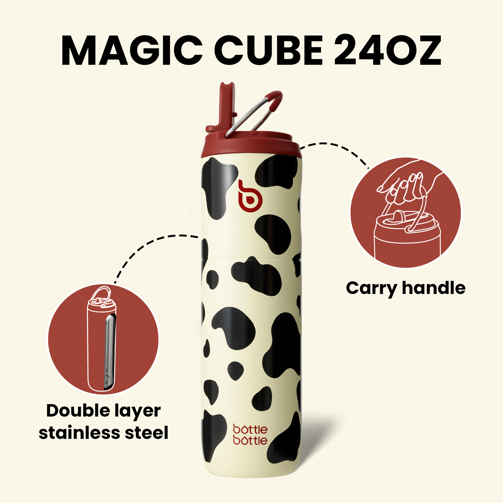 Insulated Water Bottle 24oz with Straw Lid and Handle for Sports Travel Gym Stainless Steel Water Bottles Double-Wall Vacuum Metal Leak Proof BPA-Free