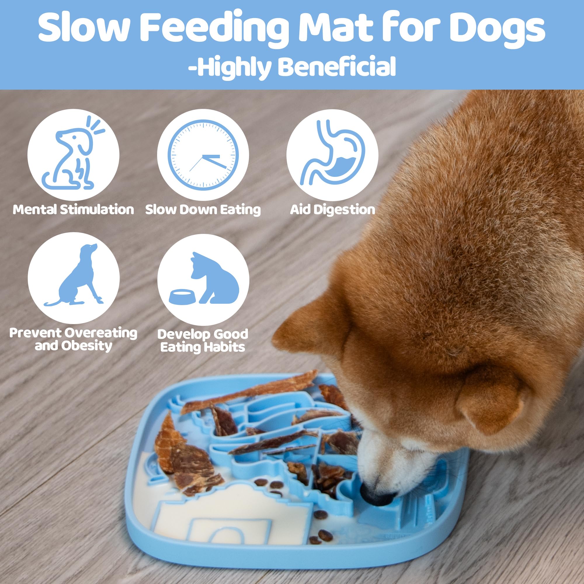 Snuffle Mat and Lick Mat for Dogs,Texas Textured Slow Feeder, 0.75 Inch Thin Silicone Mat Holds 3 Cups, Dishwasher and Microwave Safe, Blue