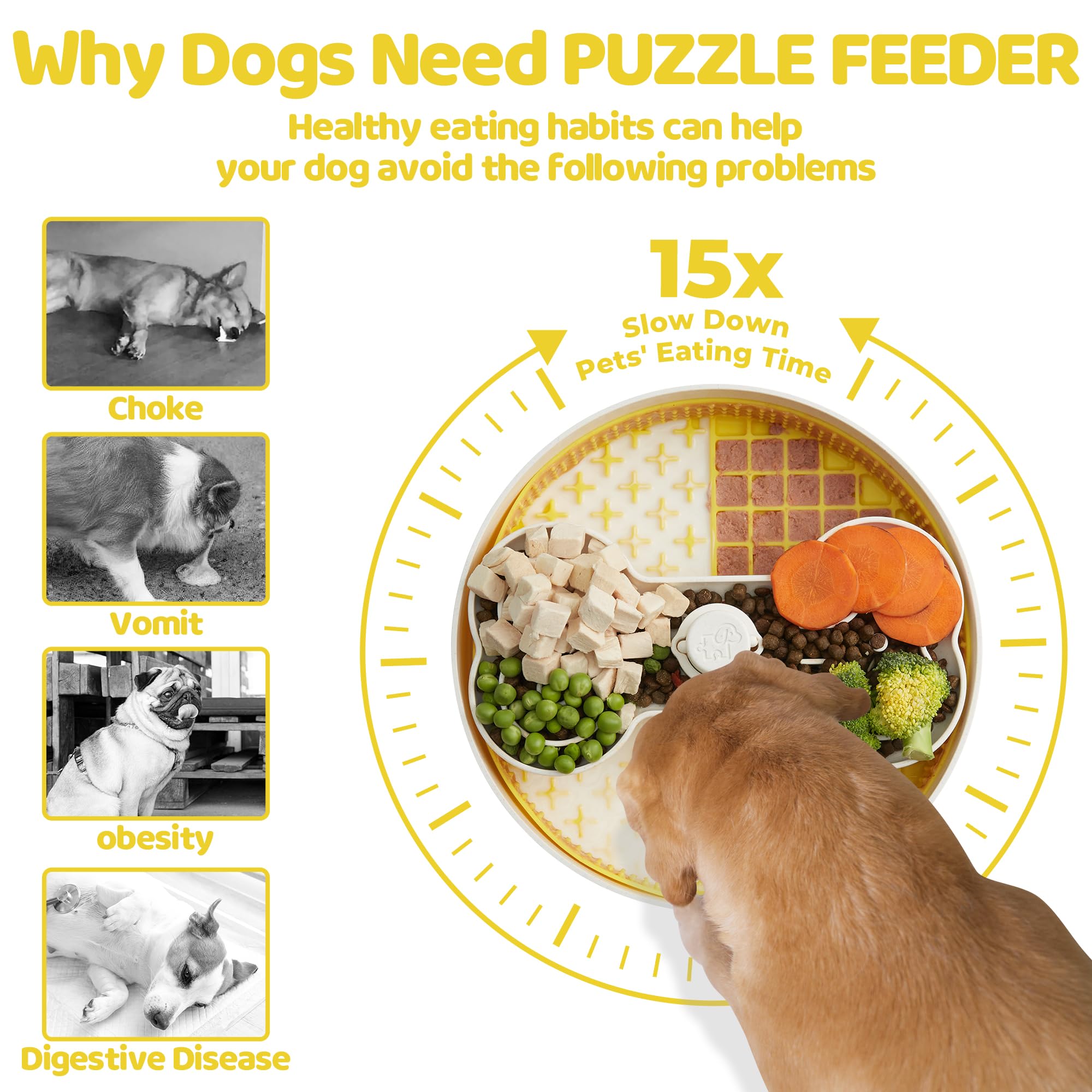Slow Feeder Dog Bowl with Lick Mat and Puzzle Inserts - Non-Slip Base, Adjustable Speed Design, Dishwasher Safe for Large Dogs,Yellow