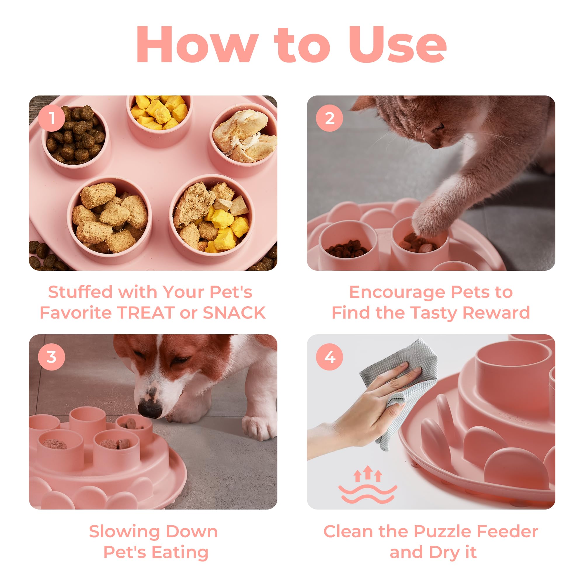 Cat Slow Feeder, Interactive Cat Puzzle Toy for Mental Stimulation, Dishwasher Safe Silicone Cat Enrichment Toys, Reduces Boredom and Training Intelligence, Pink