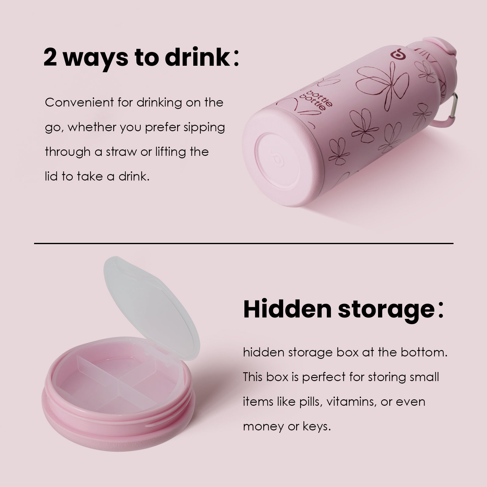32oz Insulated Water Bottle Stainless Steel Sport Water Bottle with Straw Dual-use Lid Design for Gym with Pill Box