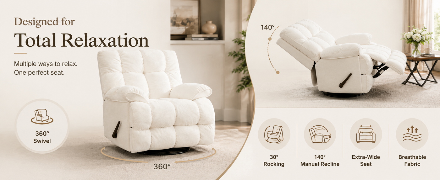 Oversized Recliner Chair, Overstuffed Swivel Rocker with Extra Wide Seat & Breathable Fabric for Living Room (Manual, Brown)