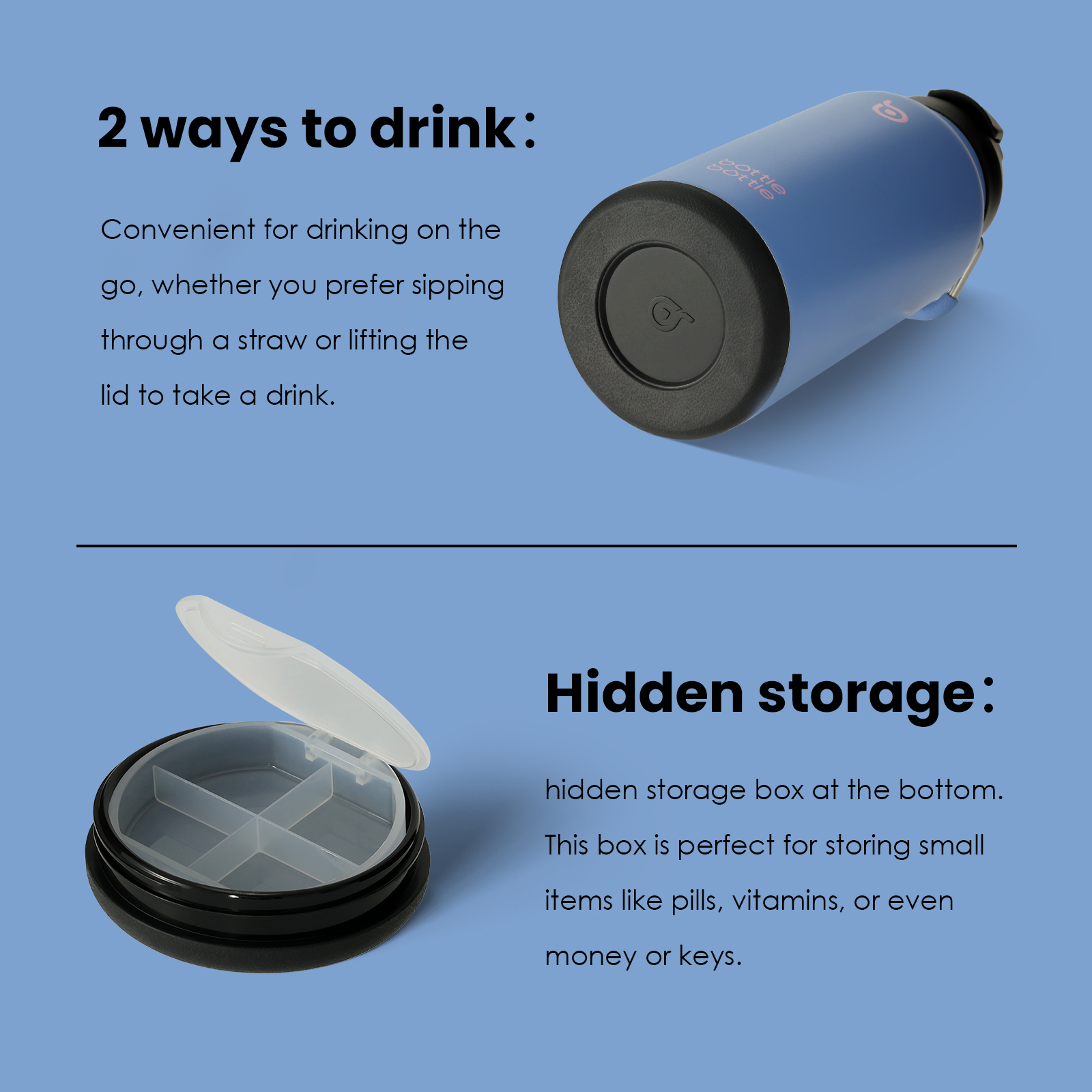 32oz Insulated Water Bottle Stainless Steel Sport Water Bottle with Straw Dual-use Lid Design for Gym with Pill Box