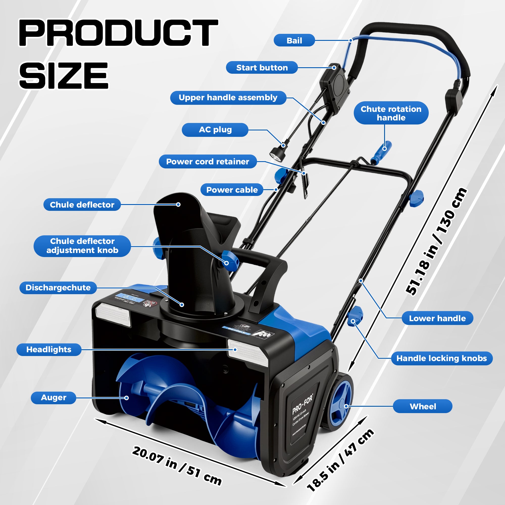 PRO-FOR 20-Inch Corded Electric Snow Blower, 15A 120V, 2000W Max, 12-Inch Clearing Depth, Dual LED Headlights