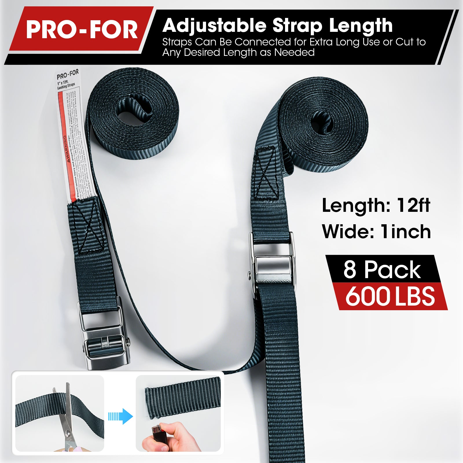 Cam Buckle Tie Down Straps, 1" x 12FT 8 Pack, 600 lbs Break Strength – Heavy Duty Adjustable Lashing Straps with Carry Bag for Luggage, Cargo, Motorcycle, Kayak, Truck, Car Roof Rack