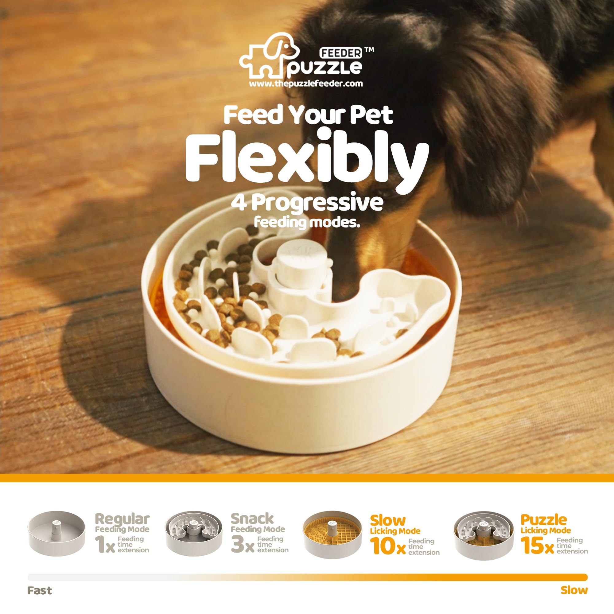 Slow Feeder Dog Bowl with Lick Mat and Puzzle Inserts - Non-Slip Base, Adjustable Speed Design, Dishwasher Safe for Puppies, Orange