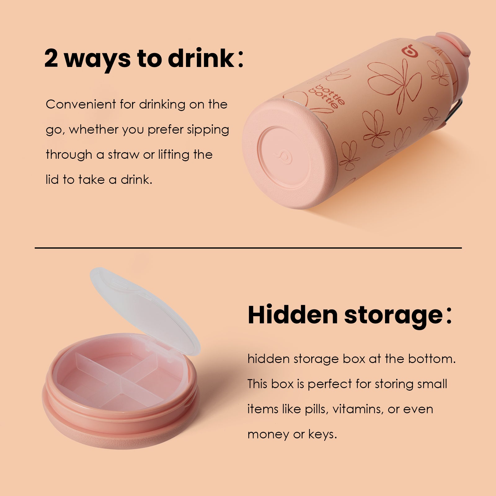32oz Insulated Water Bottle Stainless Steel Sport Water Bottle with Straw Dual-use Lid Design for Gym with Pill Box
