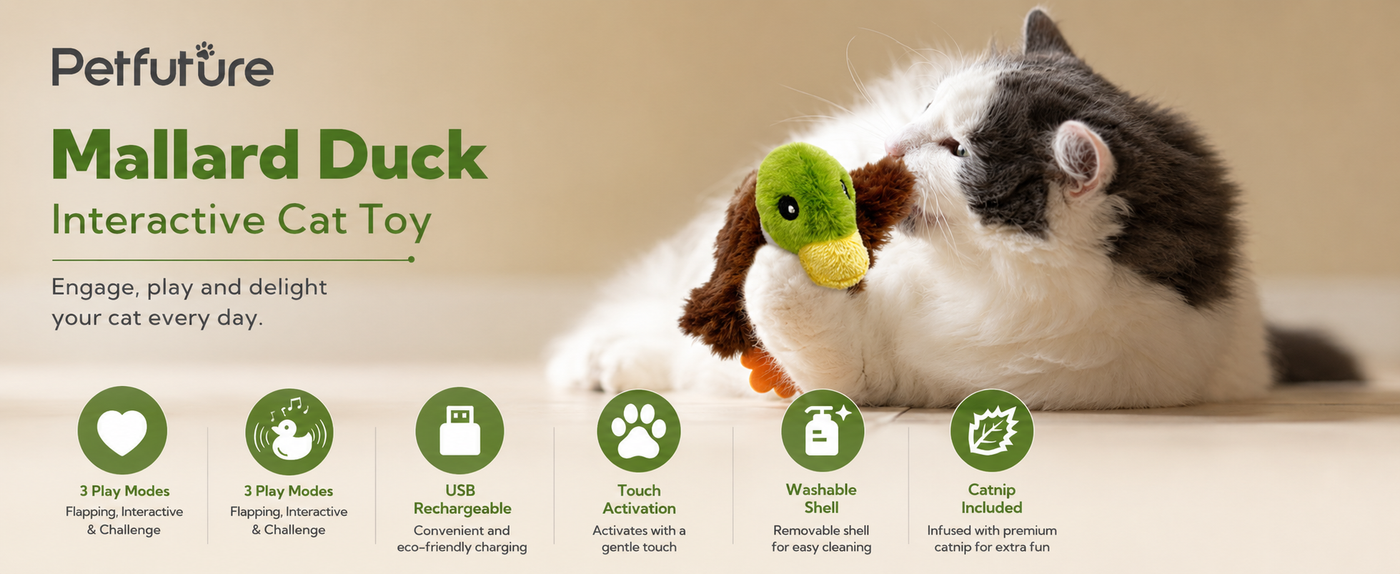 PETFUTURE Flapping Cat Toy, Motion Activated Duck with Catnip, 3 Modes & USB Rechargeable, Machine Washable Interactive Toy for Indoor Cats