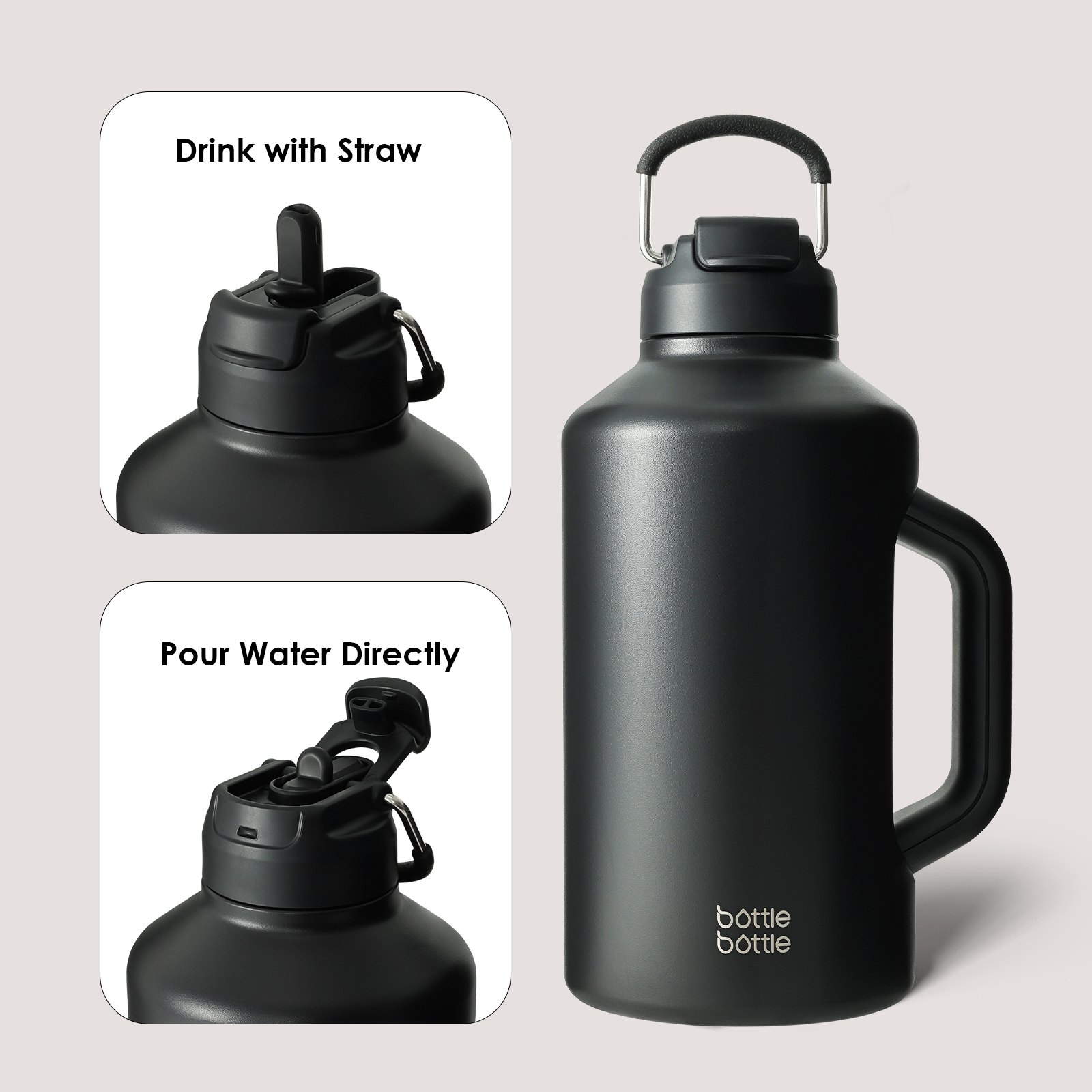 Insulated Water Bottle 64 oz with Straw and Dual-use Lid Stainless Steel Water Bottle for Men with Handle Vacuum Insulated jug for Workout Gym Soccer and Sports