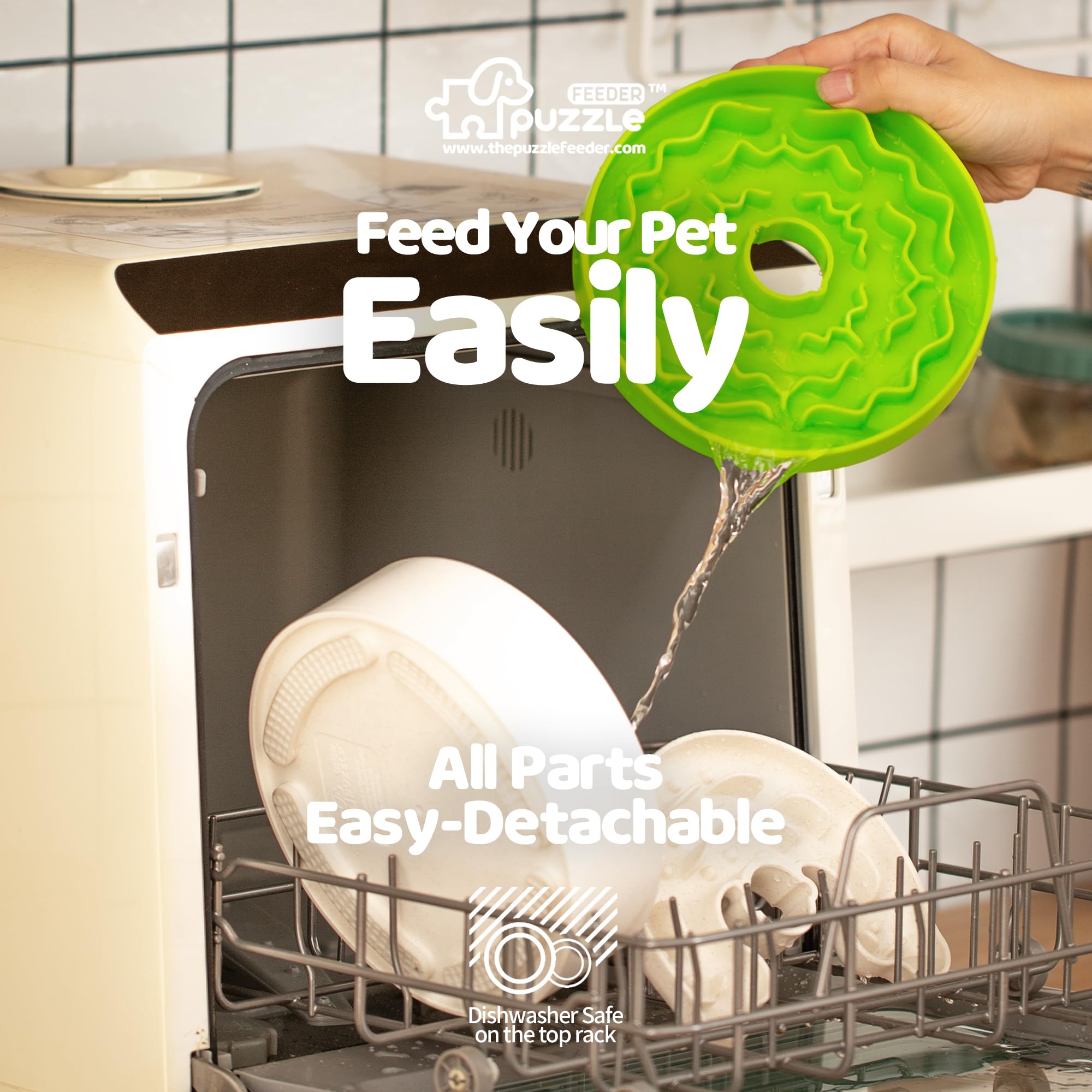 Slow Feeder Dog Bowl for Puppies with Non-Slip Base - Adjustable Speed Design, Removable Puzzle Inserts & Dishwasher Safe, Green