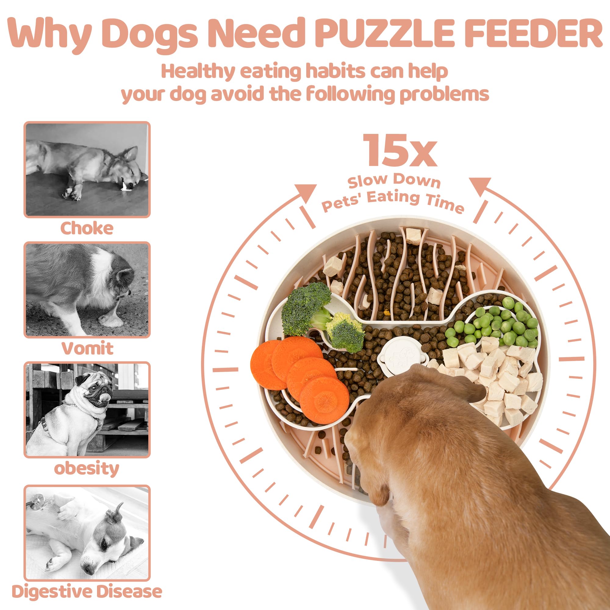 Slow Feeder Dog Bowl for Large Dogs with Non-Slip Base - Adjustable Speed Design, Removable Puzzle Inserts & Dishwasher Safe, Pink