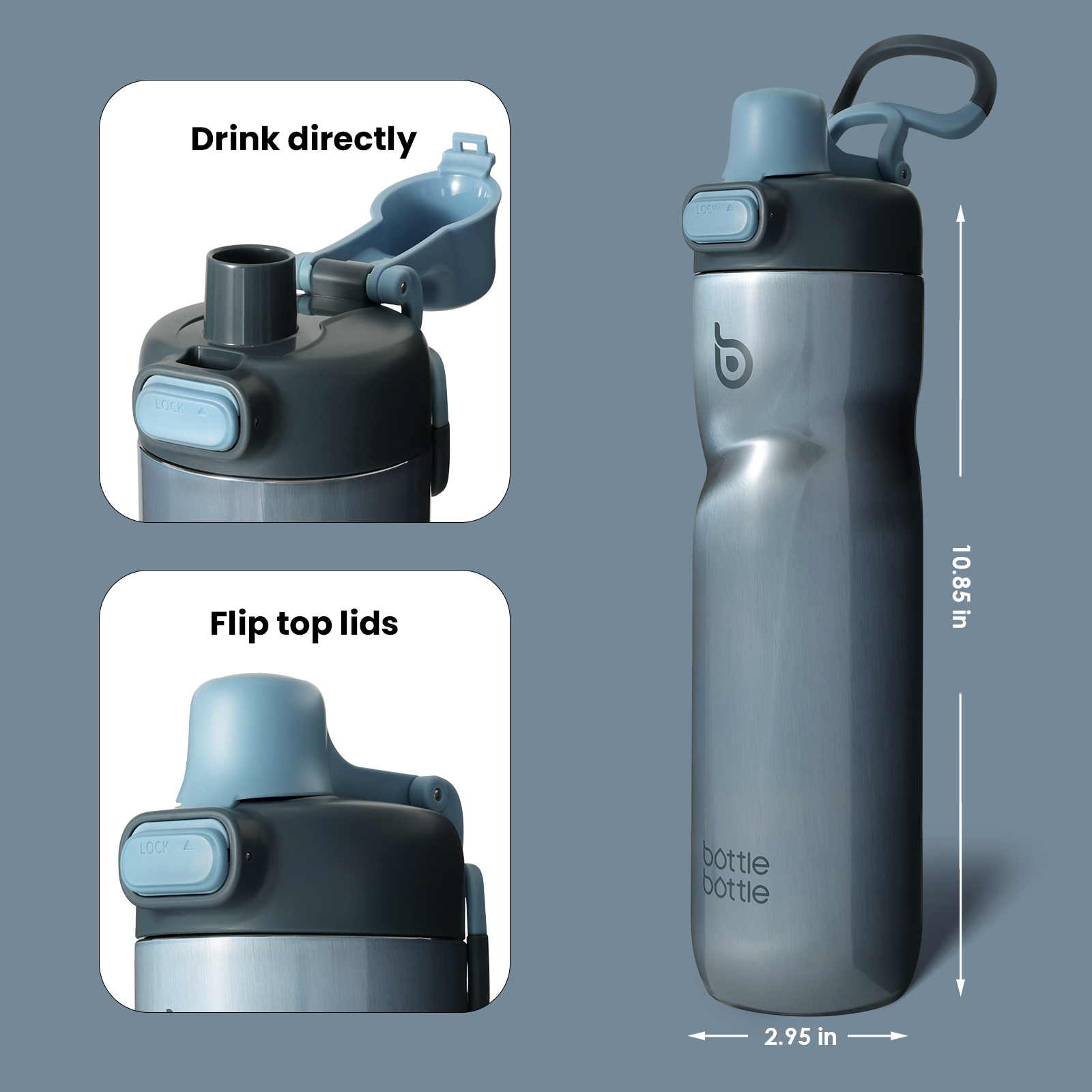 Insulated Water Bottle 24 oz with Handle and Flip Tops Lids Stainless Steel Water Bottle Push Button Lid Leak proof Portable for Running Travel Sports Hiking