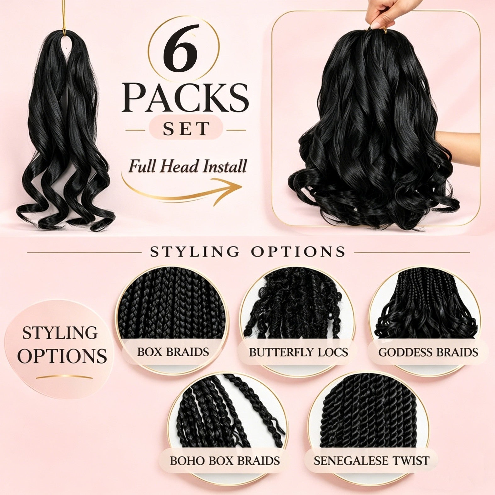 French Curl Braiding Hair 14/16 Inch 6 Packs Braiding Hair Pre Stretched Curly Crochet Hair for Women Loose Wavy French Curl Braids Synthetic Hair Extensions Natural Black 1B