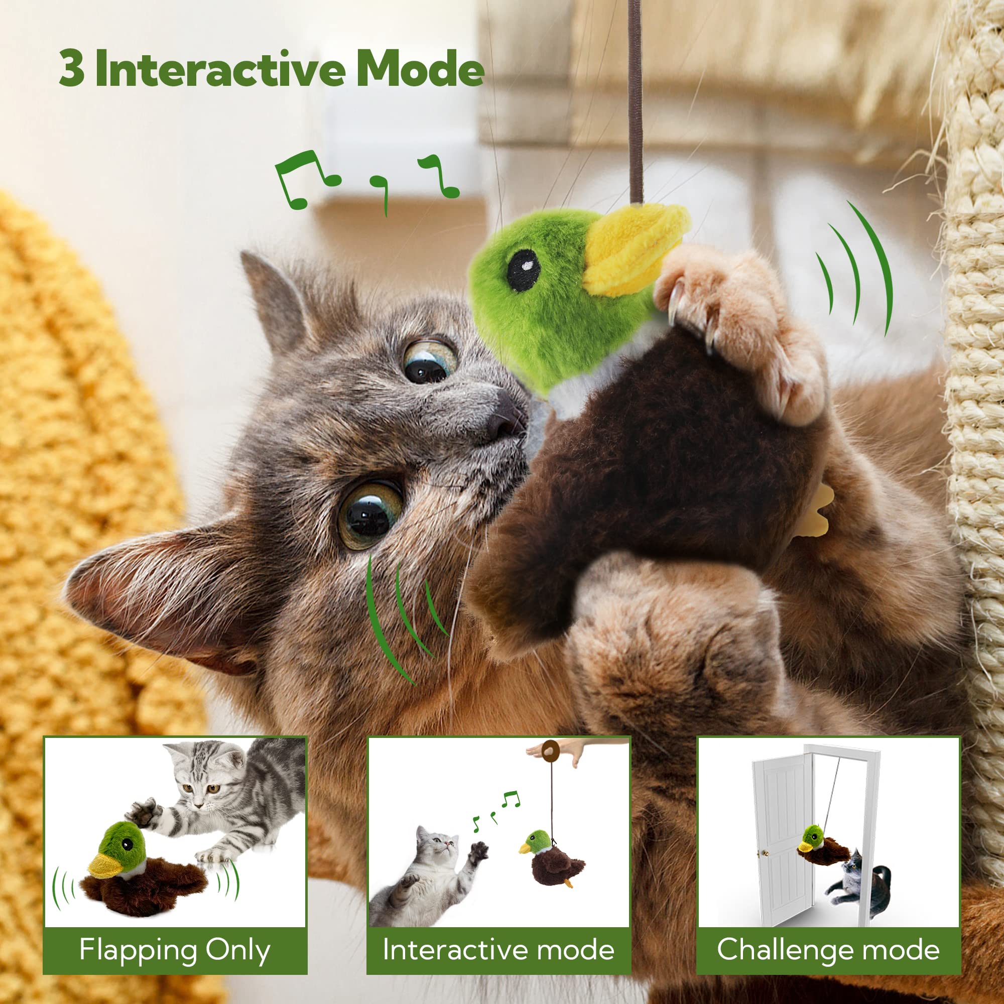 PETFUTURE Flapping Cat Toy, Motion Activated Duck with Catnip, 3 Modes & USB Rechargeable, Machine Washable Interactive Toy for Indoor Cats