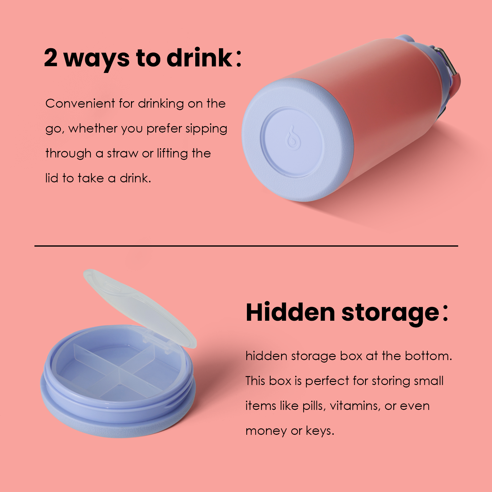 32oz Insulated Water Bottle Stainless Steel Sport Water Bottle with Straw Dual-use Lid Design for Gym with Pill Box