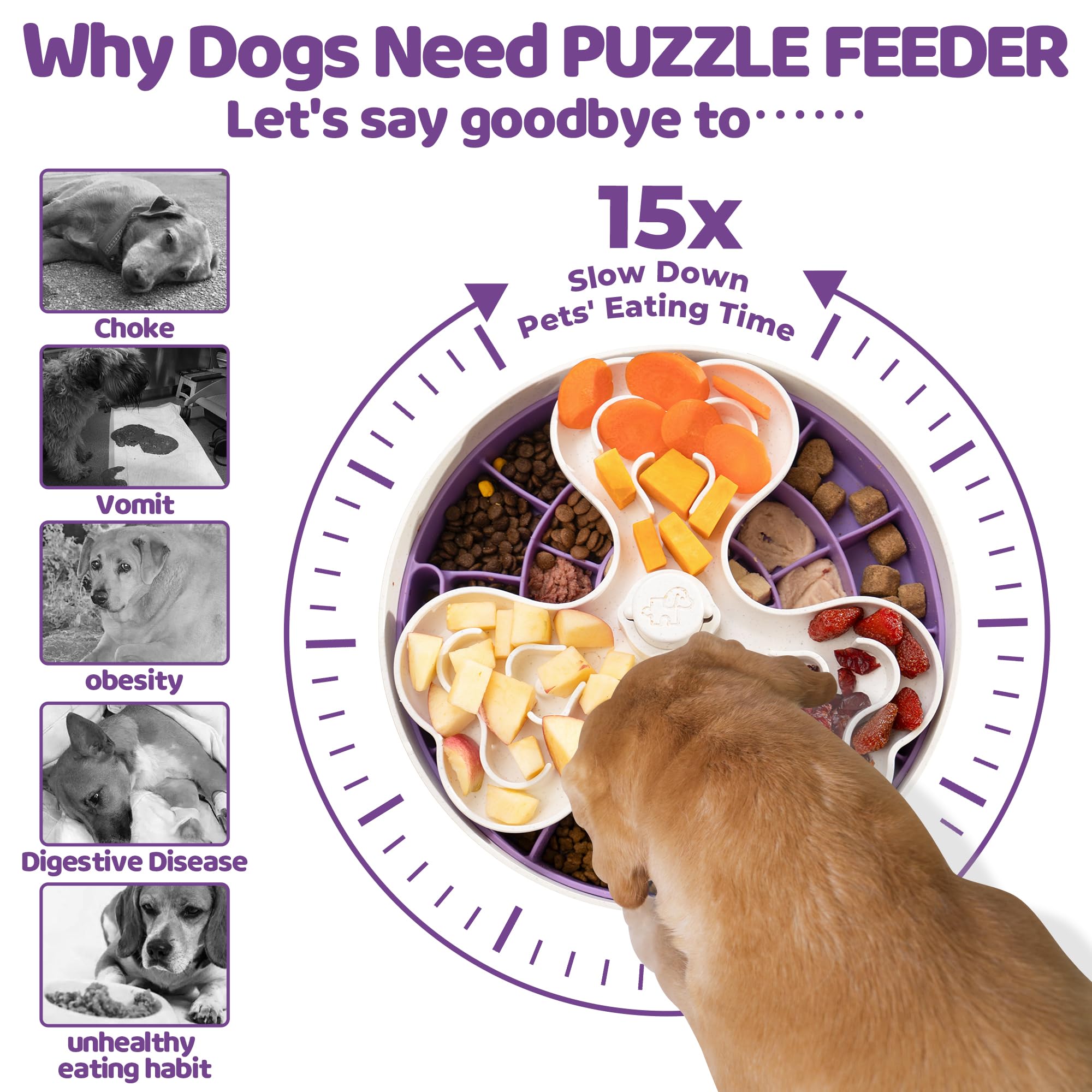 Slow Feeder Dog Bowl for Large Dogs with Non-Slip Base - Adjustable Speed Design, Removable Puzzle Inserts & Dishwasher Safe, Purple