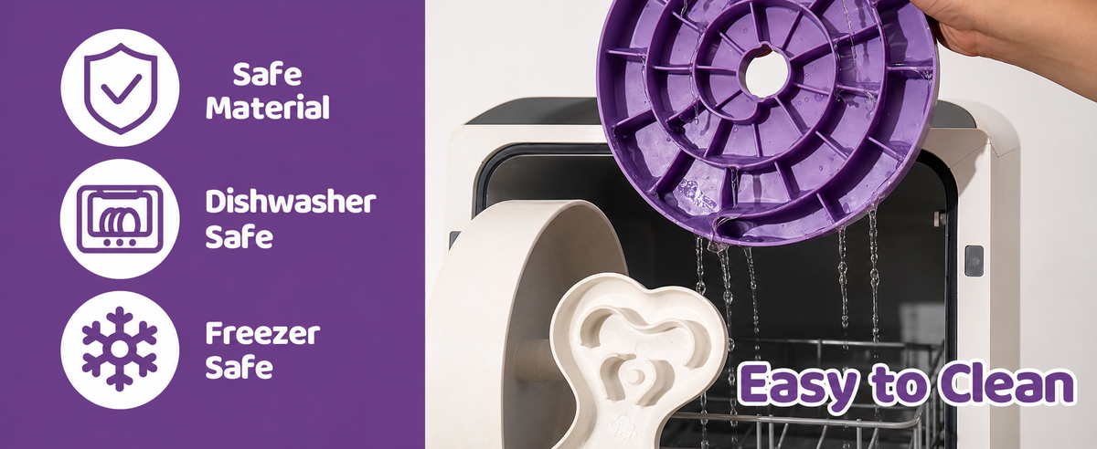 Slow Feeder Dog Bowl for Large Dogs with Non-Slip Base - Adjustable Speed Design, Removable Puzzle Inserts & Dishwasher Safe, Purple