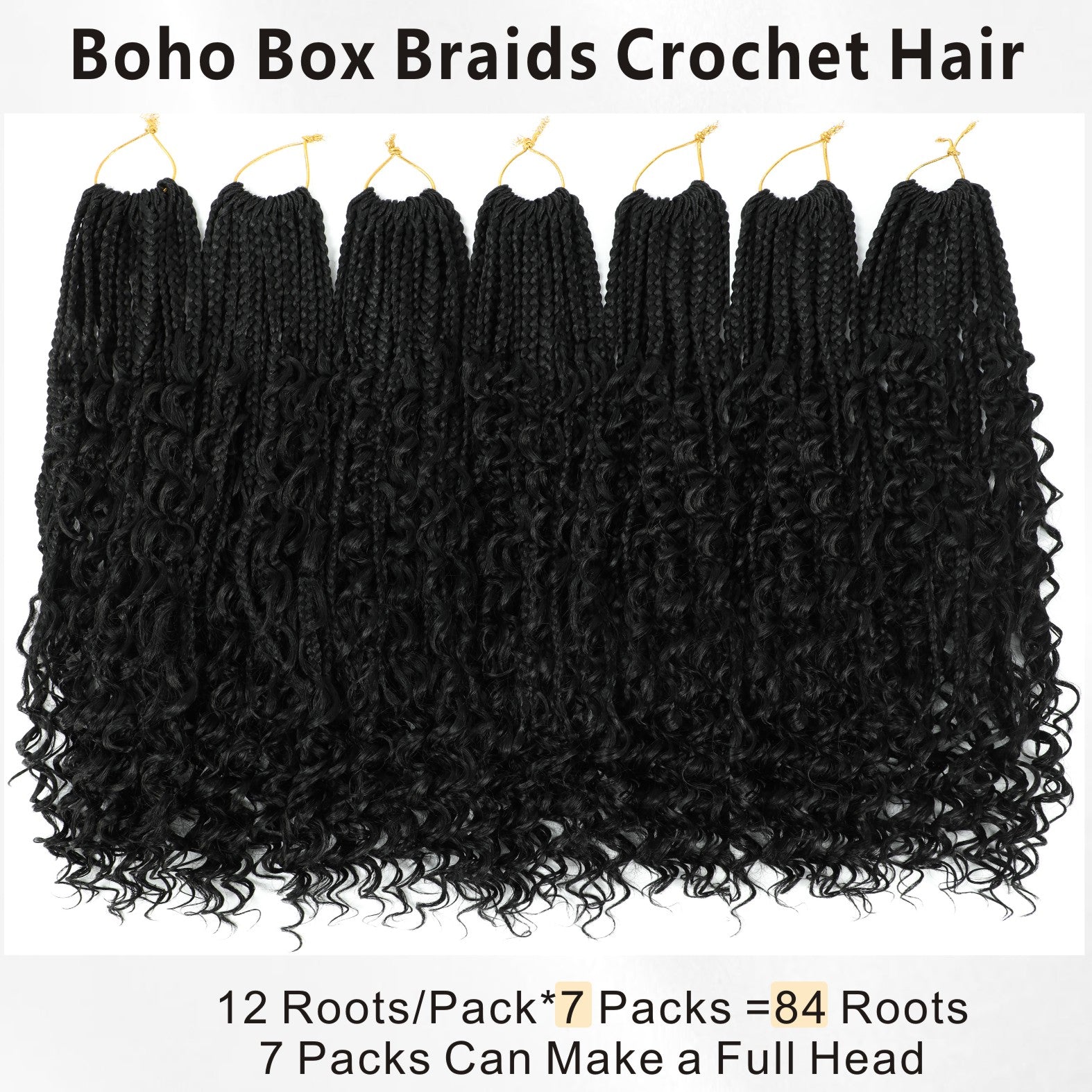 7 pack 12/14 Inch Boho Box Braids Goddess Box Braids Crochet Hair Bohemian Hippie Braids Braiding Hair Box Braids with Curly Ends Messy Pre-looped Synthetic Crochet Hair for Women Halloween Christmas