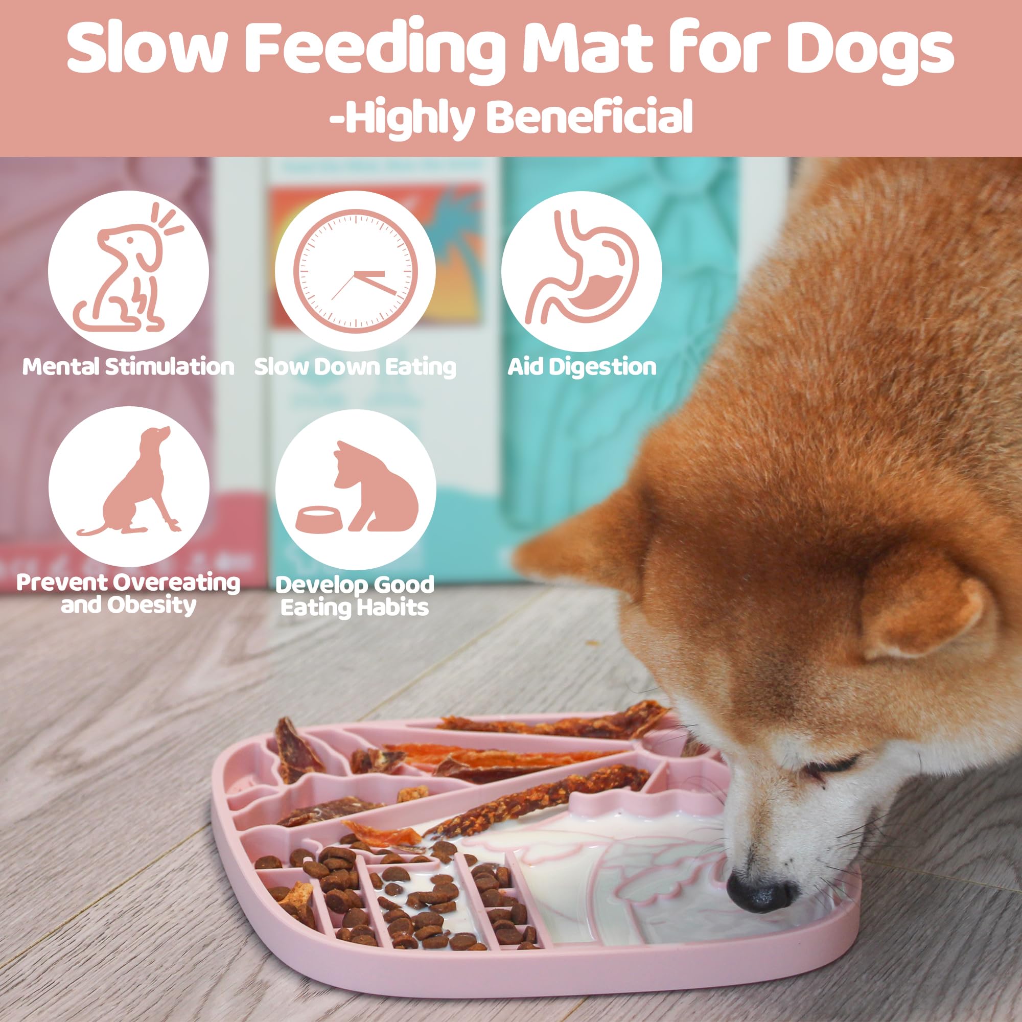 Snuffle Mat and Lick Mat for Dogs, California Textured Slow Feeder, 0.75 Inch Thin Silicone Mat Holds 3 Cups, Dishwasher and Microwave Safe, Pink