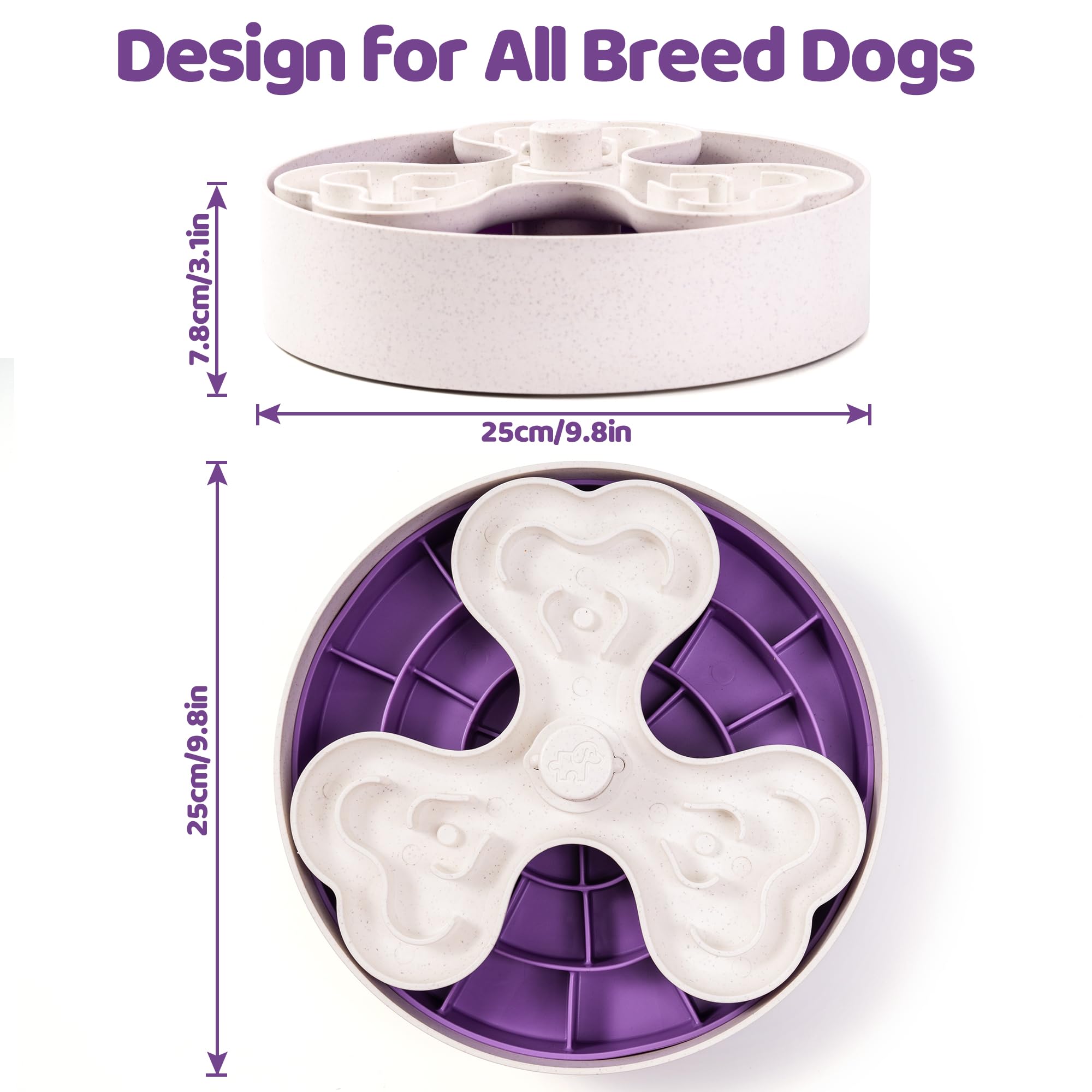 Slow Feeder Dog Bowl for Large Dogs with Non-Slip Base - Adjustable Speed Design, Removable Puzzle Inserts & Dishwasher Safe, Purple
