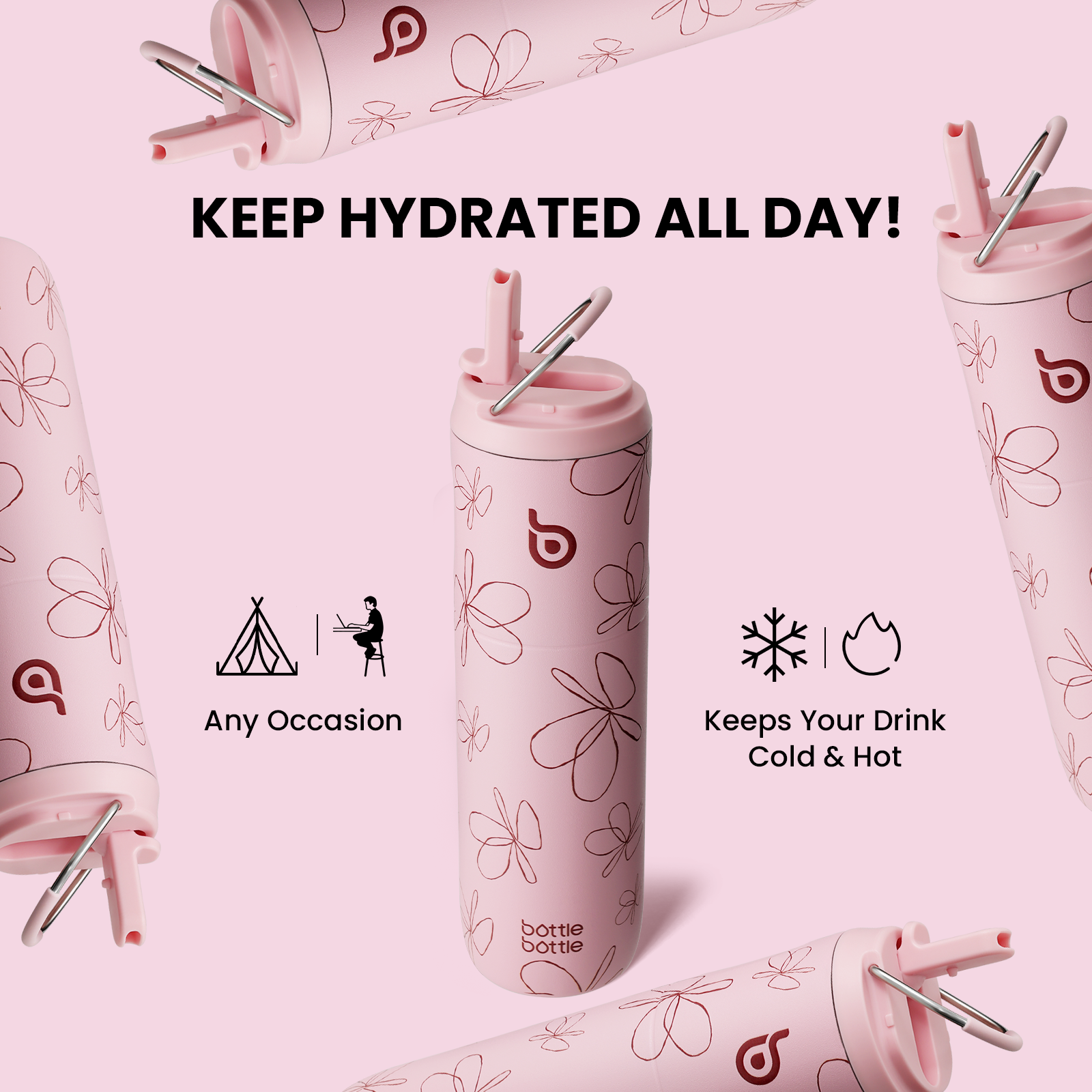 Insulated Water Bottle 24oz with Straw Lid and Handle for Sports Travel Gym Stainless Steel Water Bottles Double-Wall Vacuum Metal Leak Proof BPA-Free