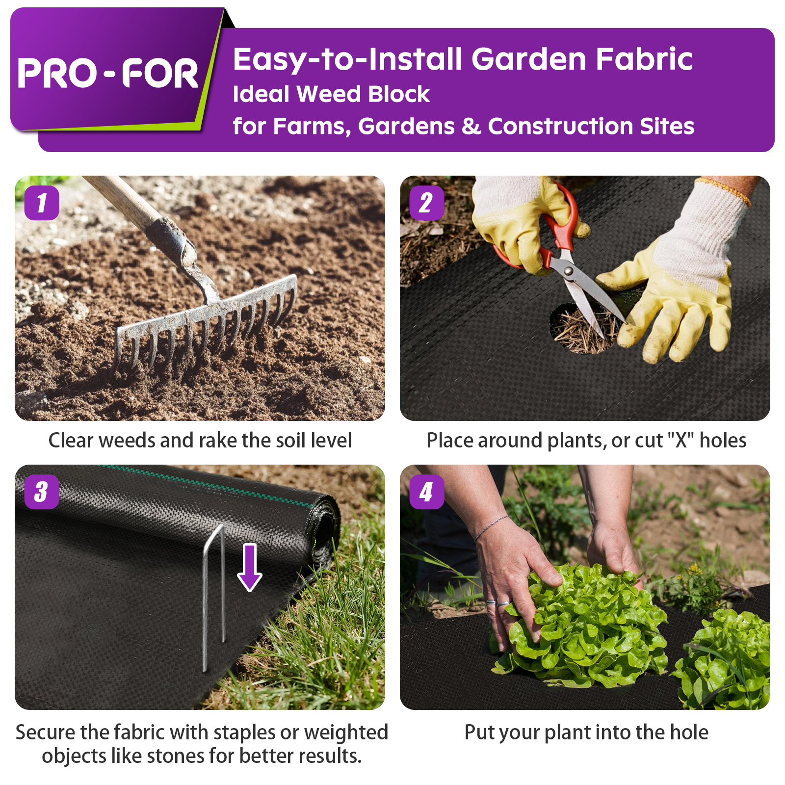 3.2oz Heavy Duty Weed Barrier Landscape Fabric – Premium Woven Ground Cover for Gardening, Farming & Driveways, Breathable Weed Control Cloth with 10 U-Shaped Securing Pegs