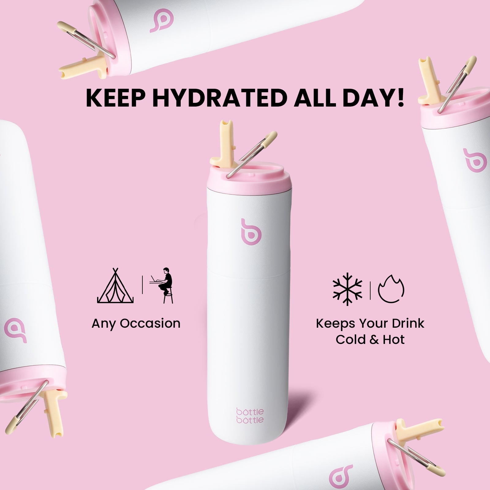 Insulated Water Bottle 24oz with Straw Lid and Handle for Sports Travel Gym Stainless Steel Water Bottles Double-Wall Vacuum Metal Leak Proof BPA-Free