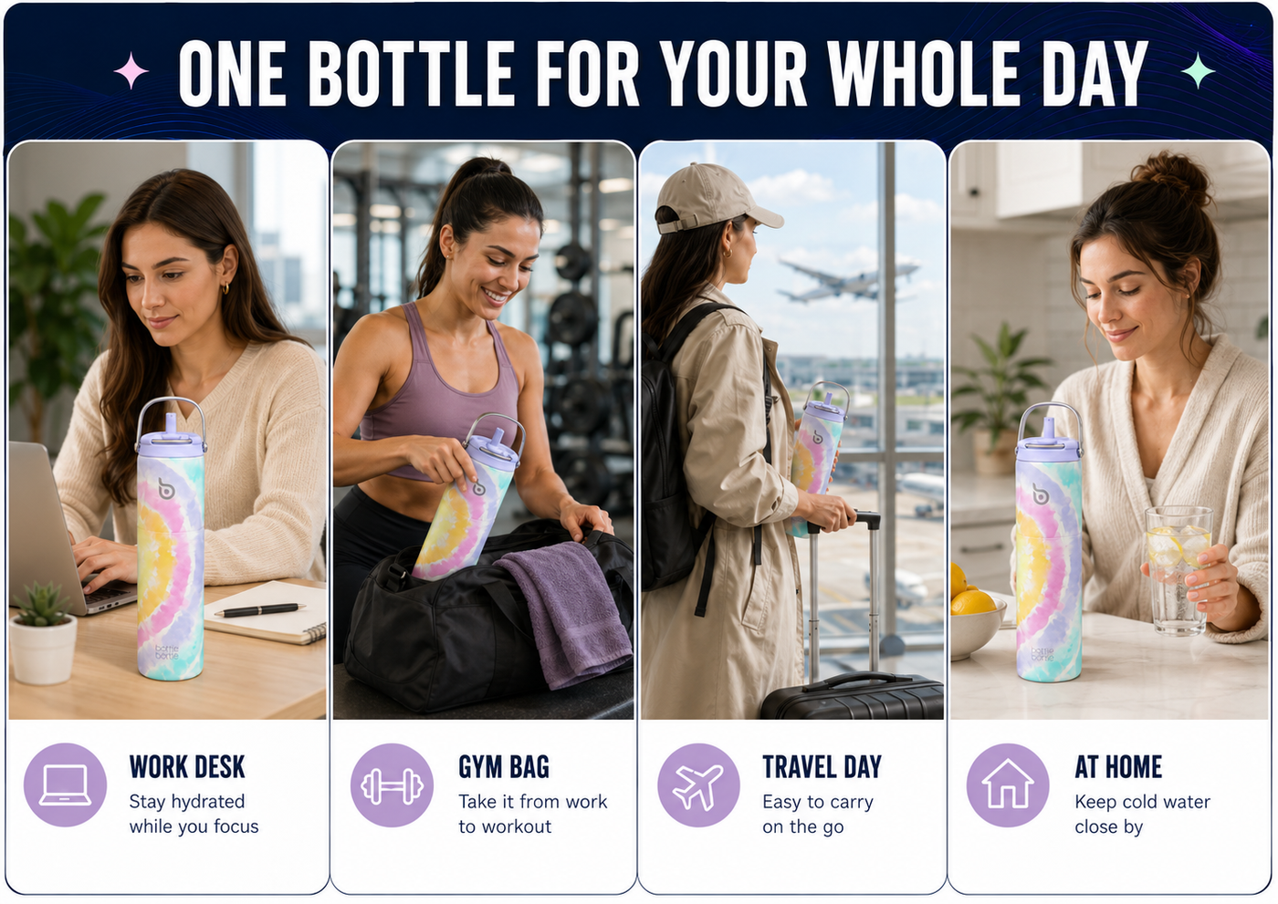 Insulated Water Bottle 24oz with Straw Lid and Handle for Sports Travel Gym Stainless Steel Water Bottles Double-Wall Vacuum Metal Leak Proof BPA-Free