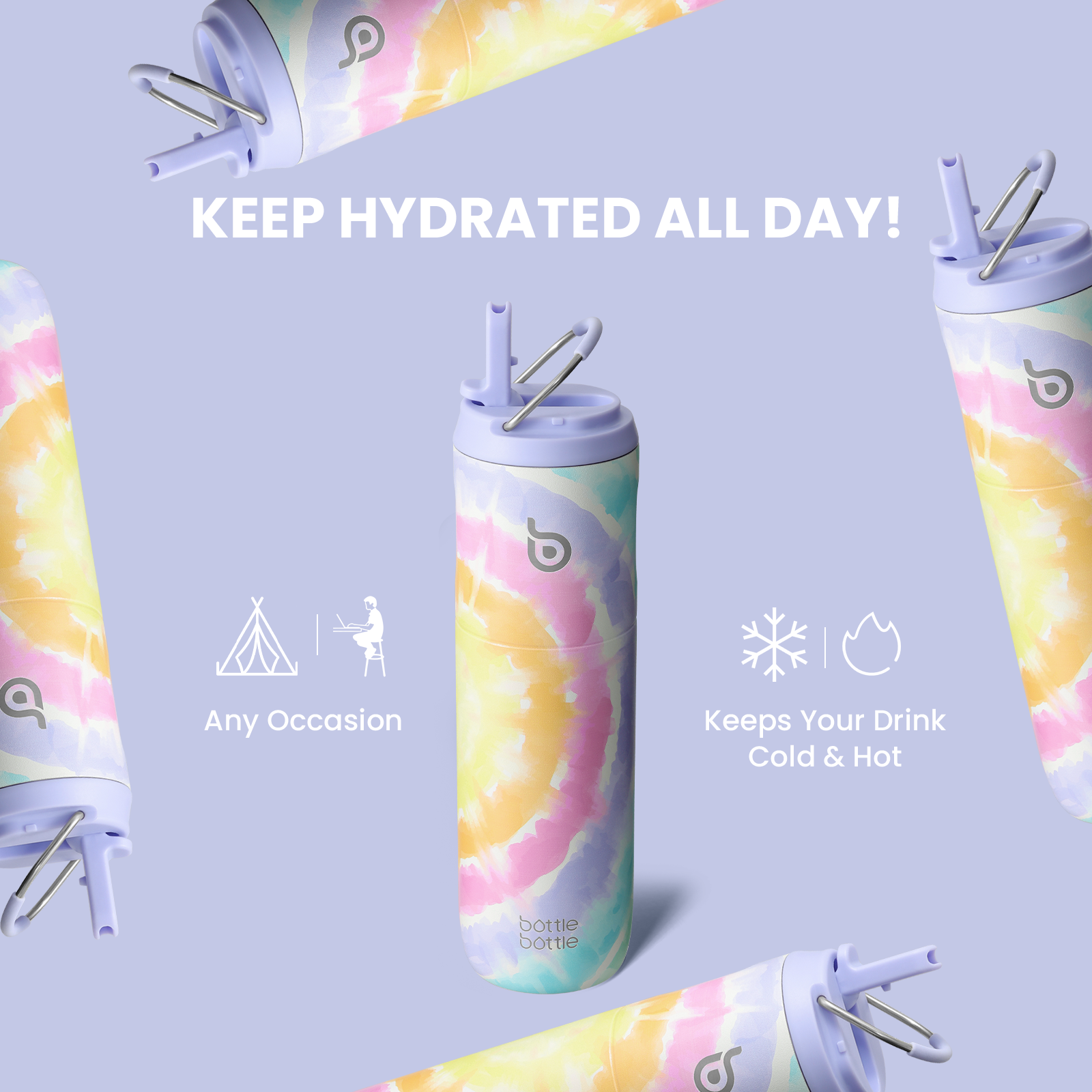 Insulated Water Bottle 24oz with Straw Lid and Handle for Sports Travel Gym Stainless Steel Water Bottles Double-Wall Vacuum Metal Leak Proof BPA-Free
