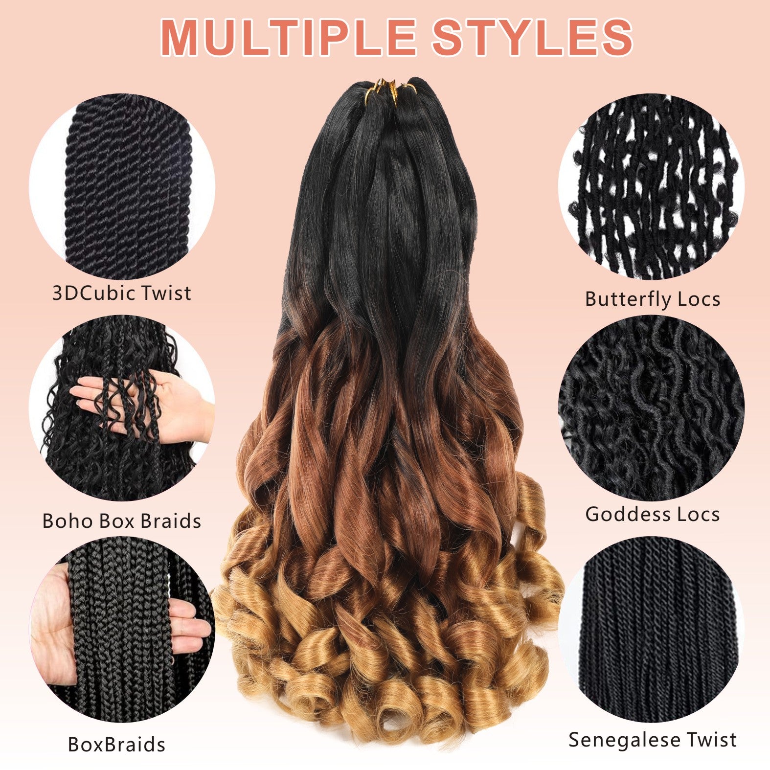 French Curl Braiding Hair 14-22 Inch 6 Packs Braiding Hair Pre Stretched Curly Box Braids French Curl Braids for Women Synthetic Hair Extensions 1b/30/27 colors to choose from