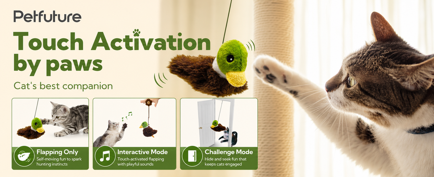 PETFUTURE Flapping Cat Toy, Motion Activated Duck with Catnip, 3 Modes & USB Rechargeable, Machine Washable Interactive Toy for Indoor Cats