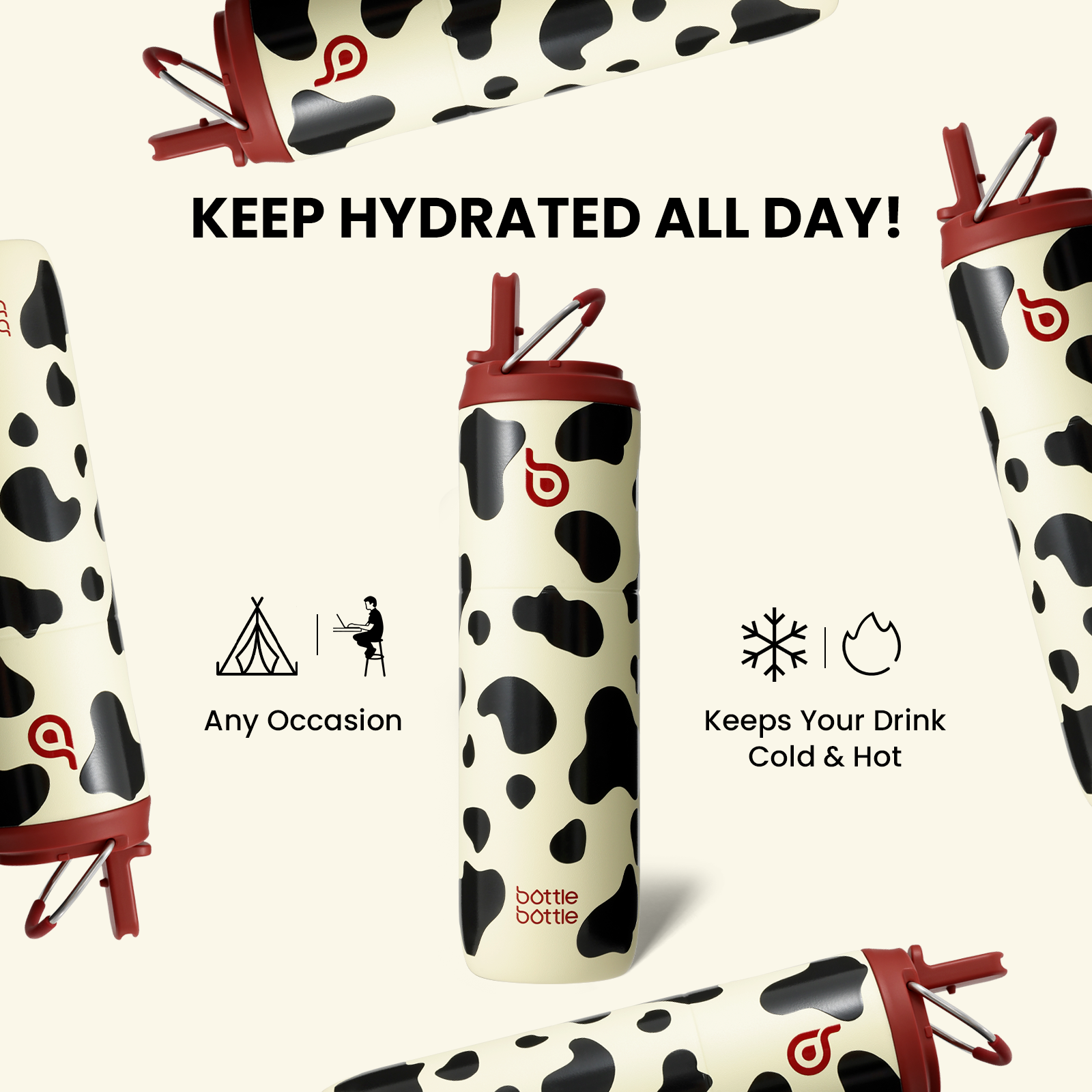 Insulated Water Bottle 24oz with Straw Lid and Handle for Sports Travel Gym Stainless Steel Water Bottles Double-Wall Vacuum Metal Leak Proof BPA-Free