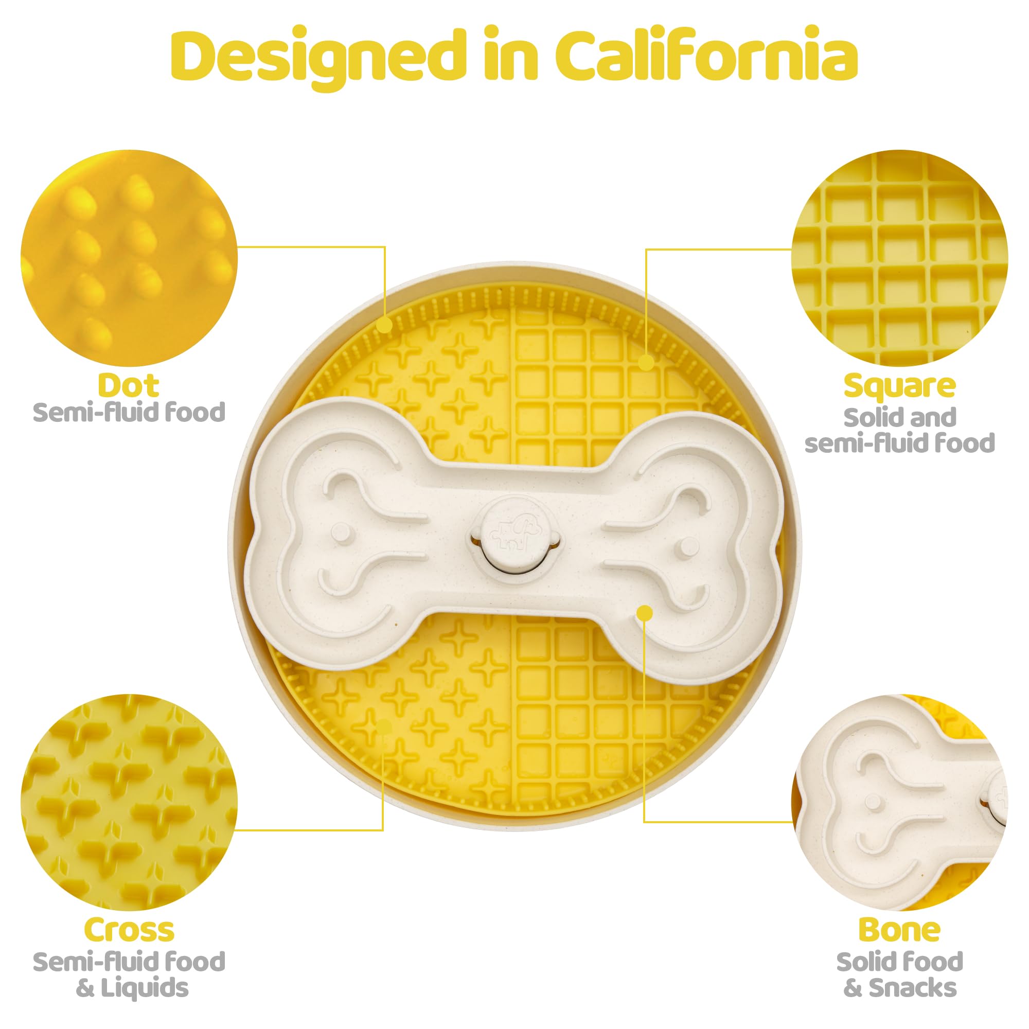 Slow Feeder Dog Bowl with Lick Mat and Puzzle Inserts - Non-Slip Base, Adjustable Speed Design, Dishwasher Safe for Large Dogs,Yellow