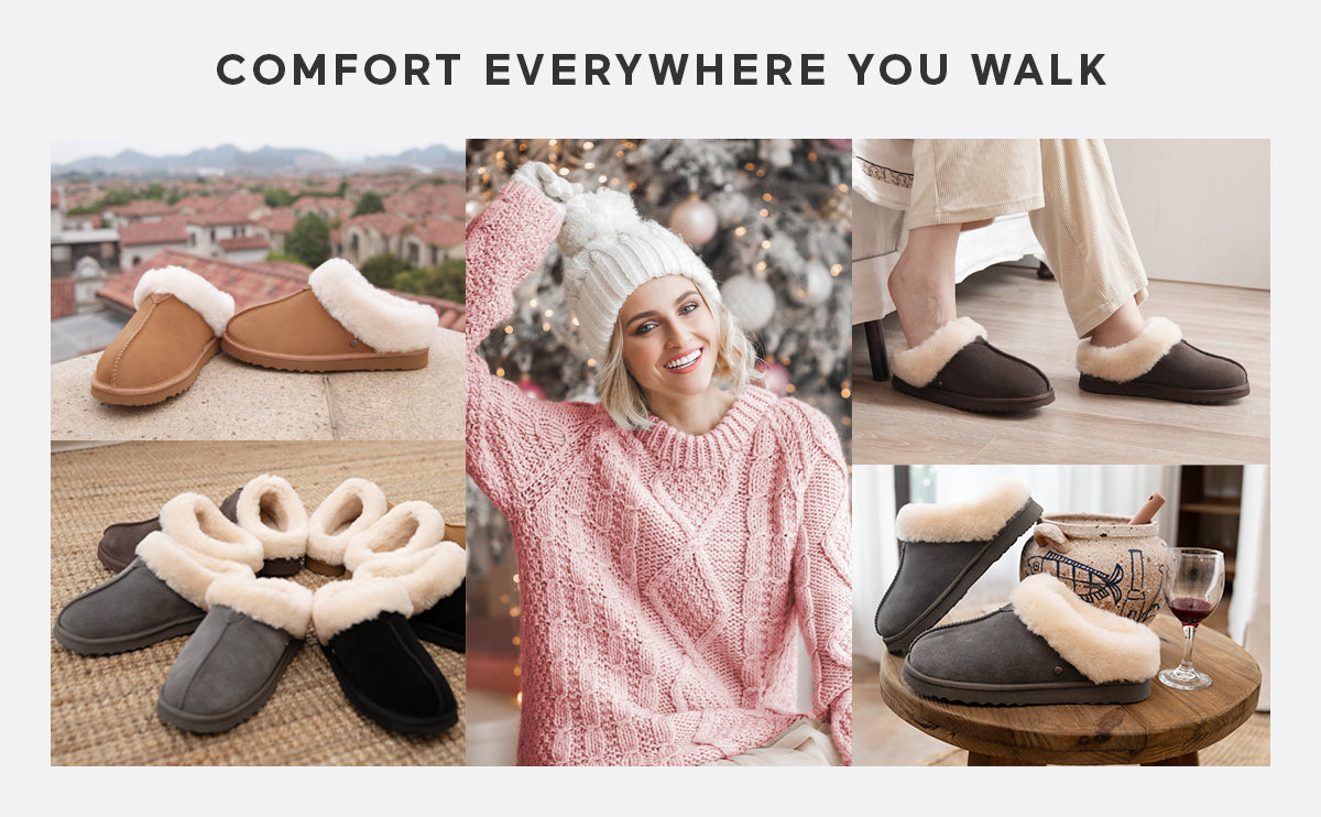 Women‘s Real Wool Slippers in Genuine Leather with Anti-Slip Rubber Sole, Warm Indoor Outdoor Shoes with Memory Foam - Cozy Slip-On for Women in Soft Wool(DOFIDA)