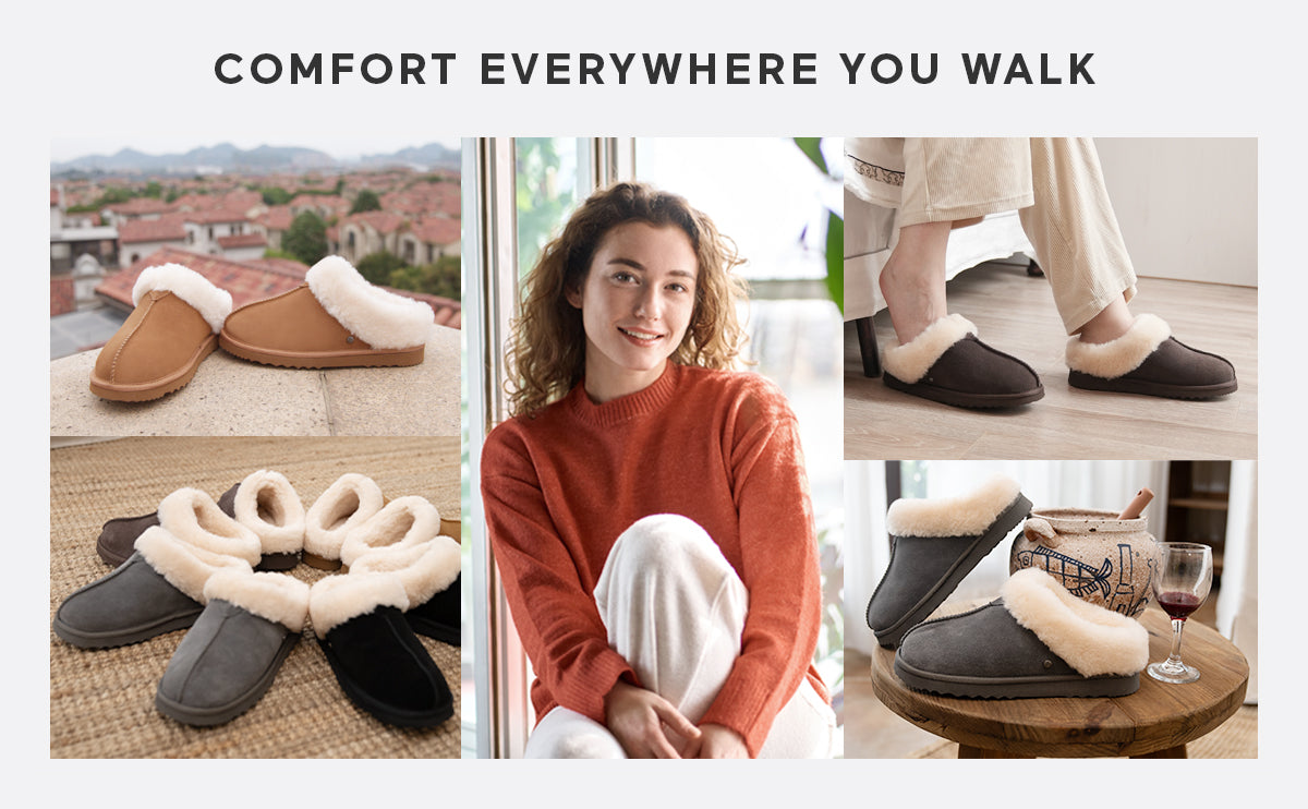 Women‘s Real Wool Slippers in Genuine Leather with Anti-Slip Rubber Sole, Warm Indoor Outdoor Shoes with Memory Foam - Cozy Slip-On for Women in Soft Wool(DOFIDA)